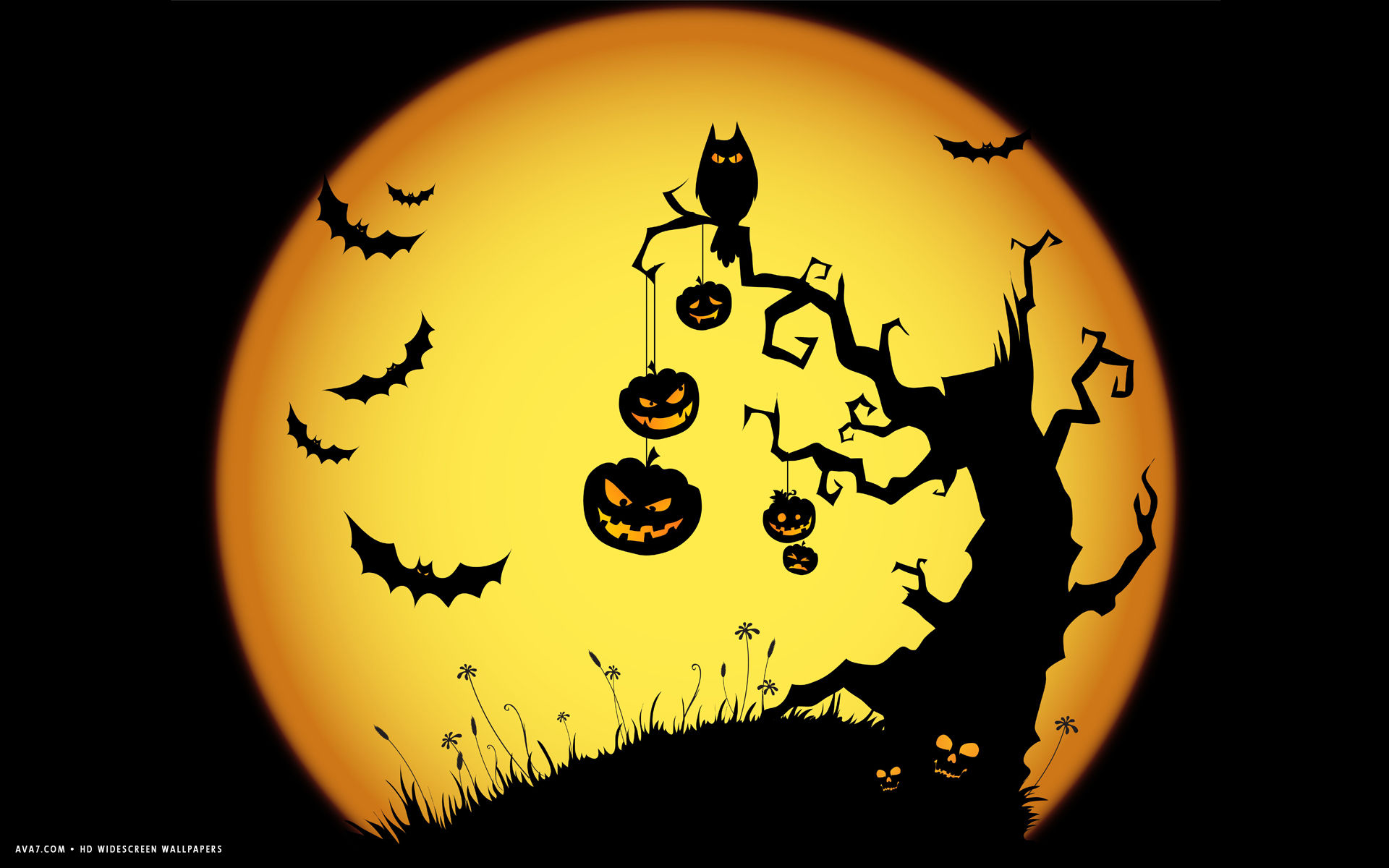 Halloween Scary Night Owl Bats Jack O Lanterns Tree Yellow Holiday