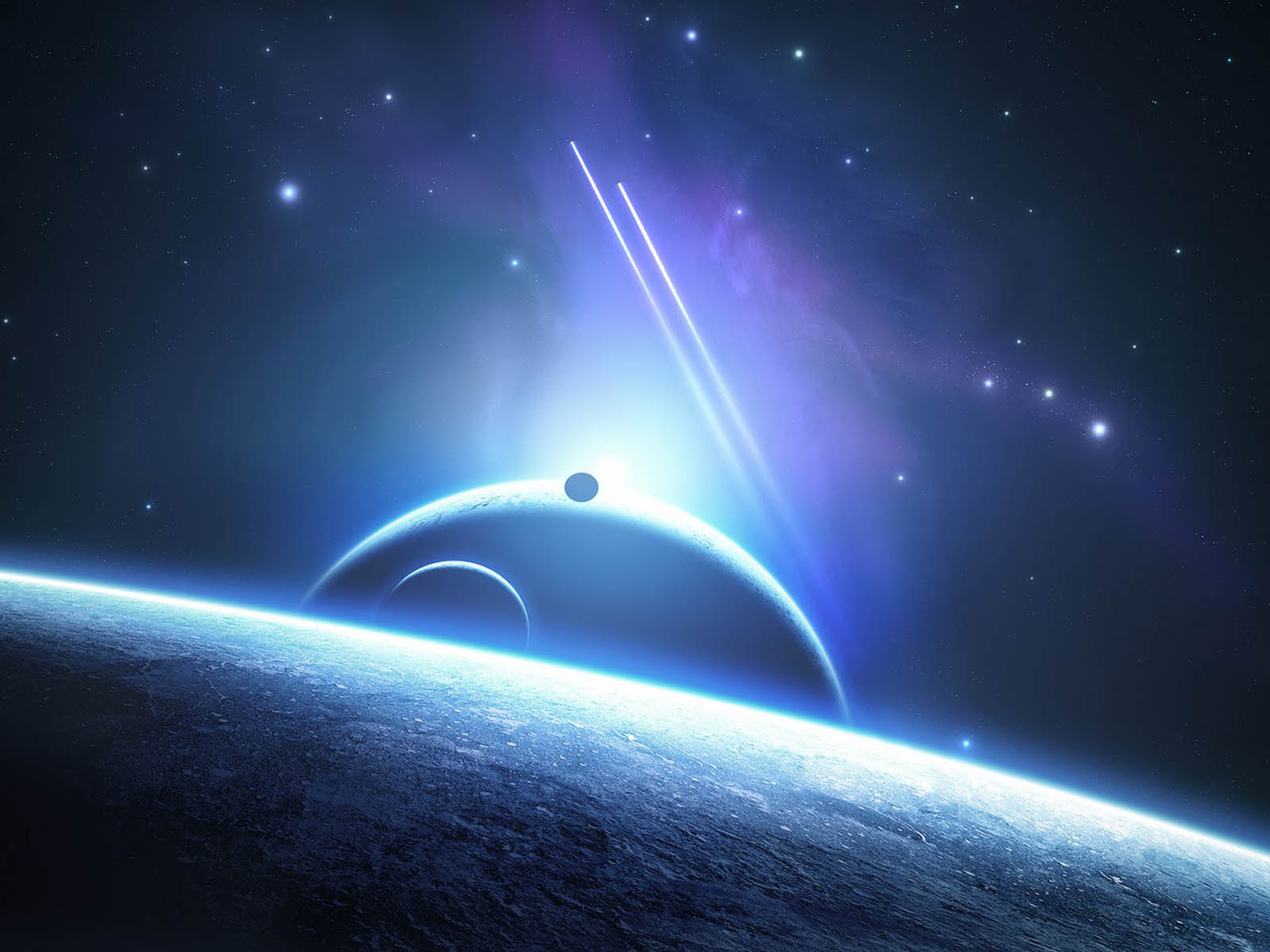 A breathtaking view of a planet's horizon with a luminous streak of light against a backdrop of stars and a distant celestial body