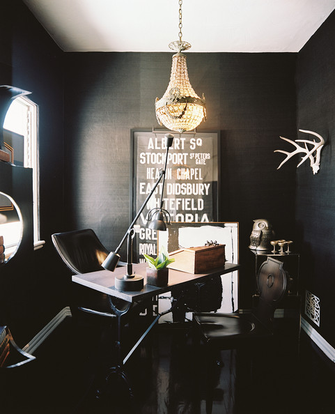 Chandelier And Black Grass Cloth Wallpaper In An Office Details