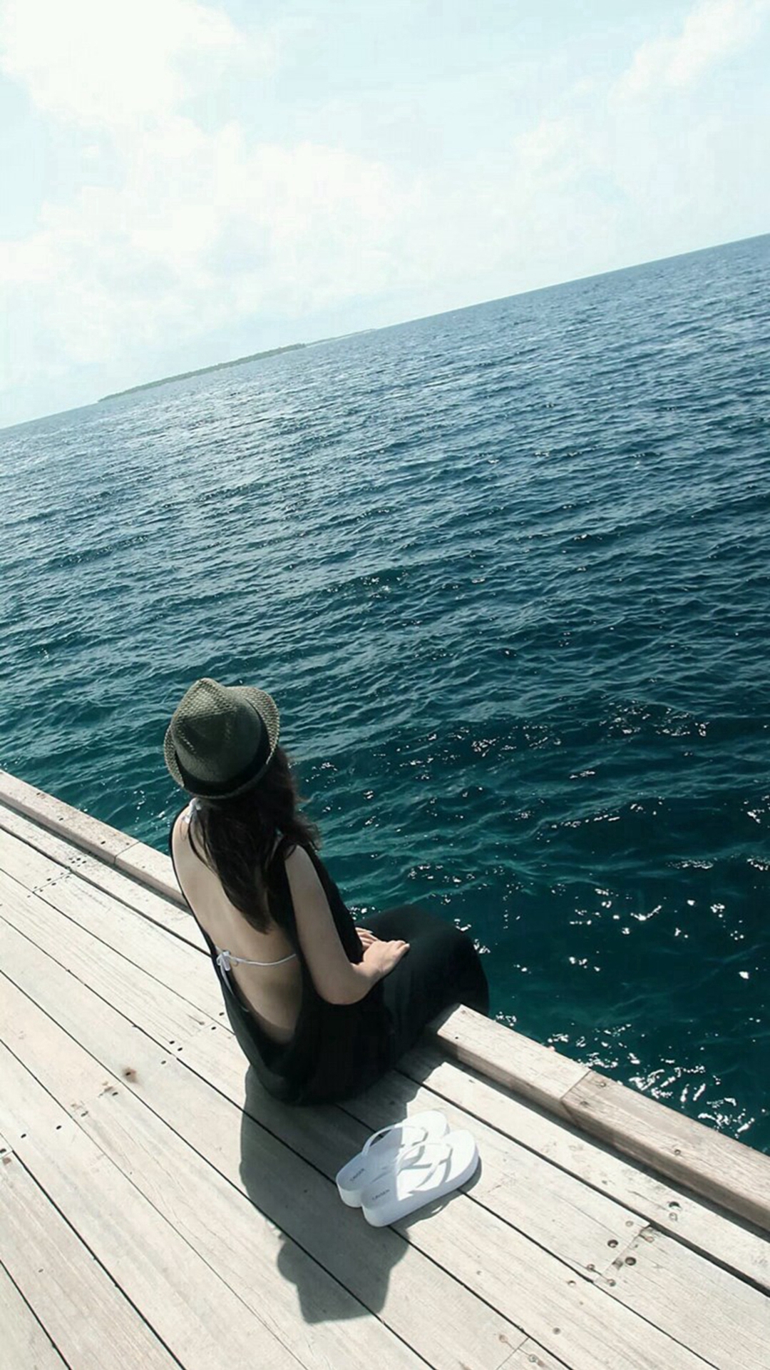Sunny Ocean Lonely Sitting Girl Back iPhone Wallpaper