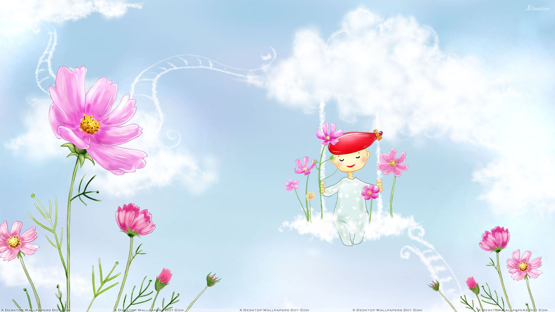 Fairy And Pink Flowers Wallpaper