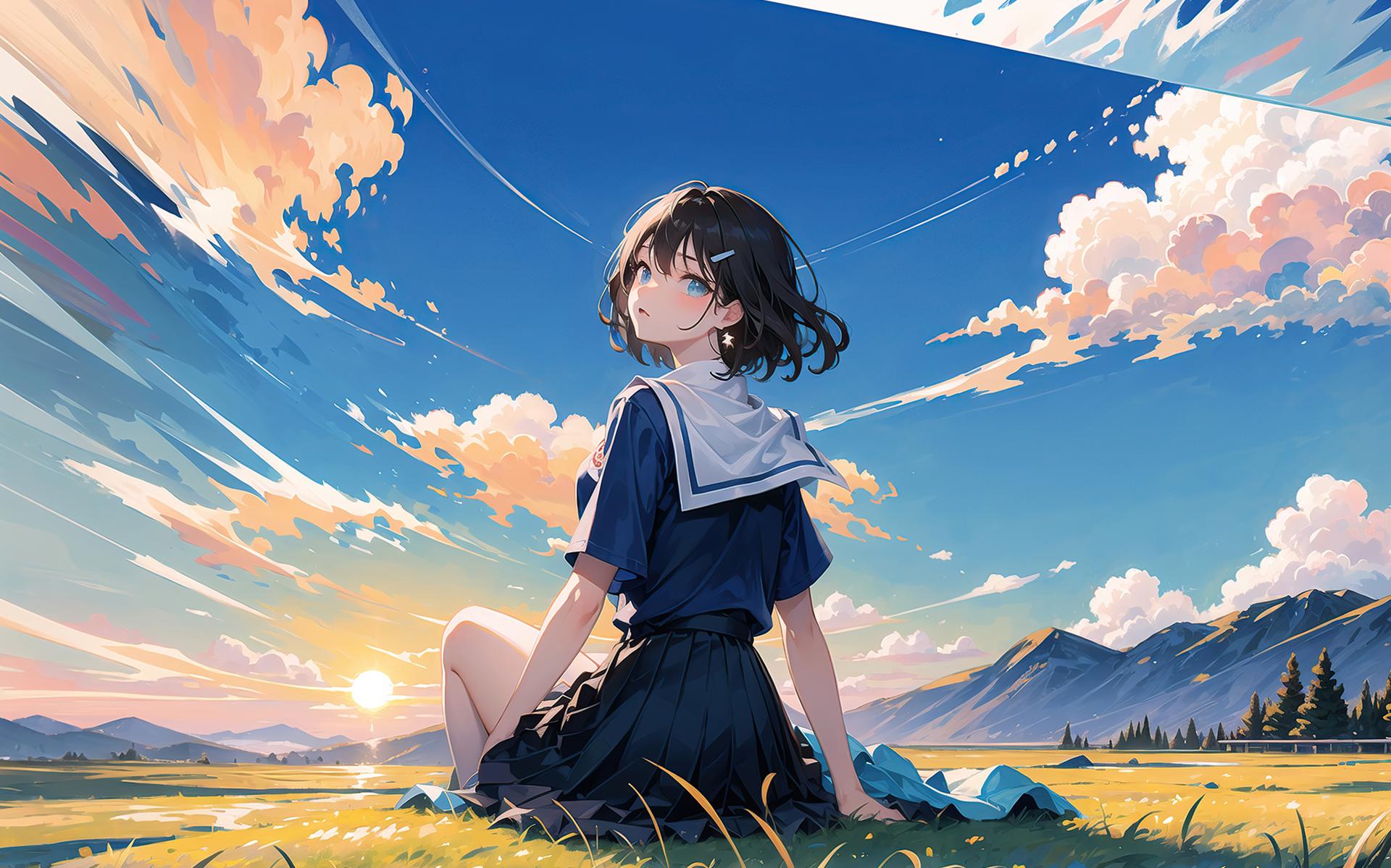 Sunset Anime Ai Art Digital Clouds Schoolgirl School Uniform