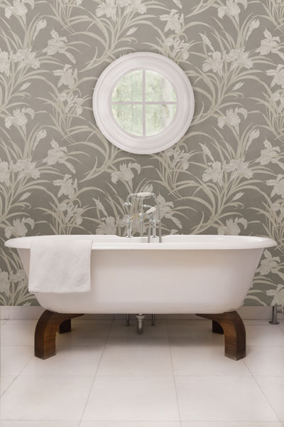 Posh Grey and Peach Lily Floral Bathroom Wallpaper Brewster