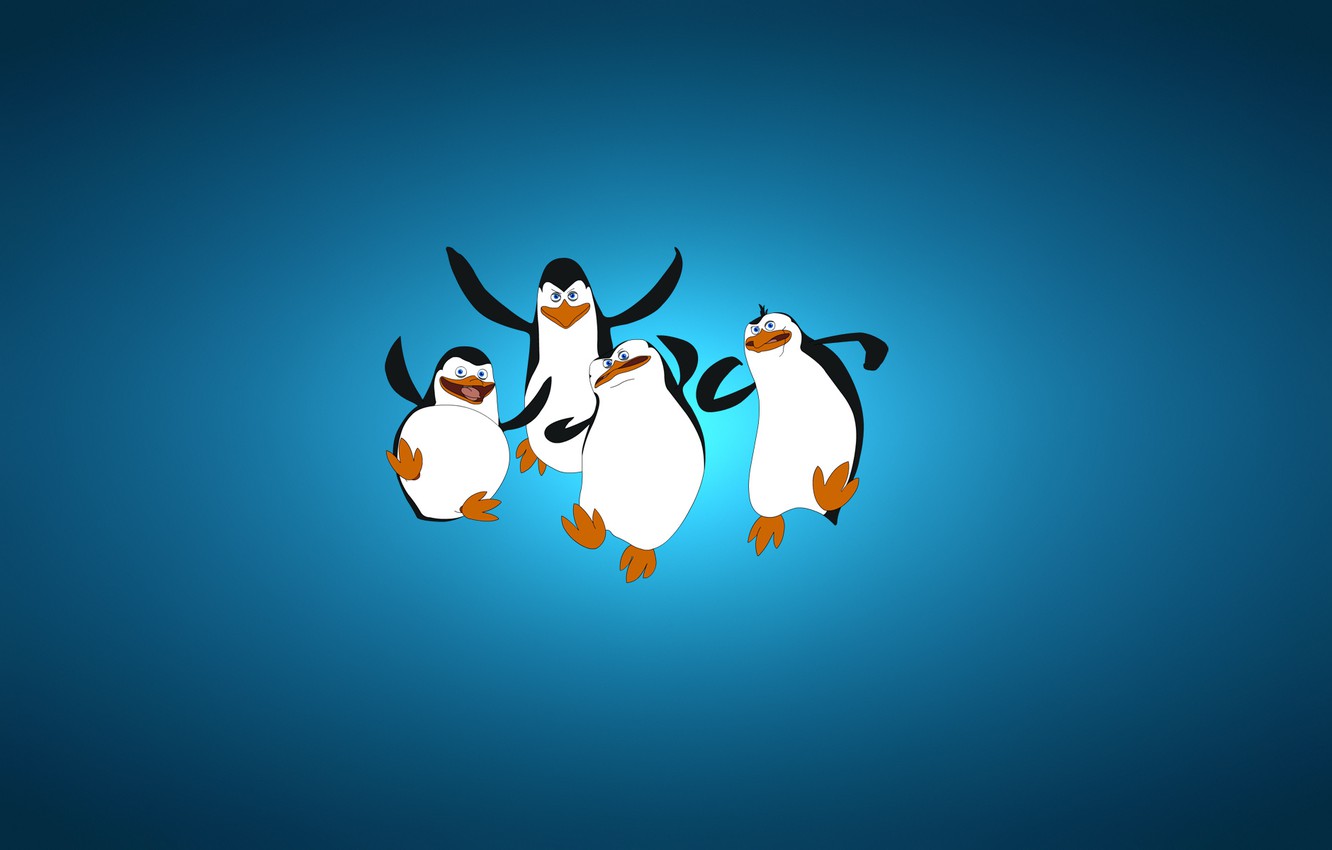 Wallpaper Minimalism Blue Background Four The Penguins Of