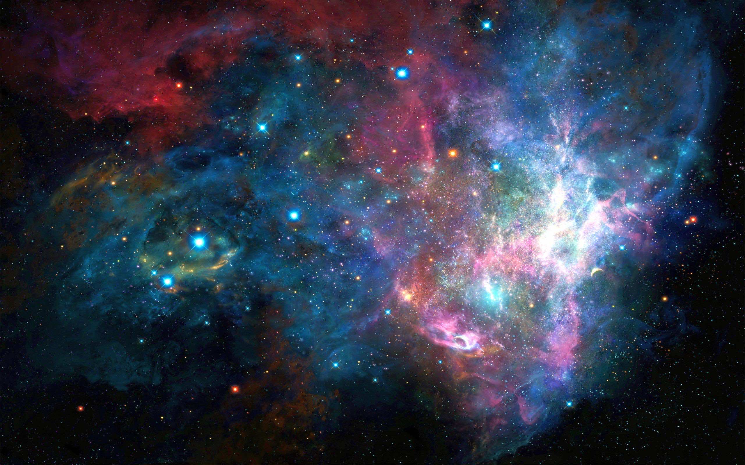 A breathtaking view of a vibrant galaxy with swirling clouds of pink, purple, blue and hints of orange nebulae, illuminated by sparkling bright stars