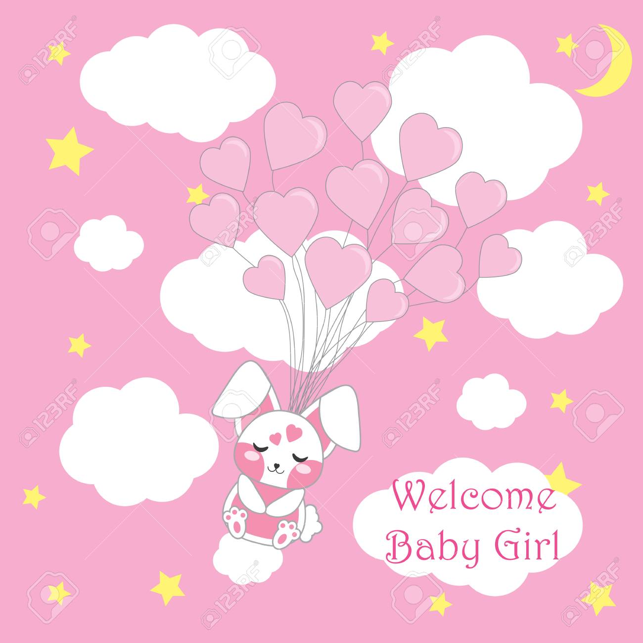Cute Rabbit Girl Sleep With Balloons On Pink Night Sky Vector