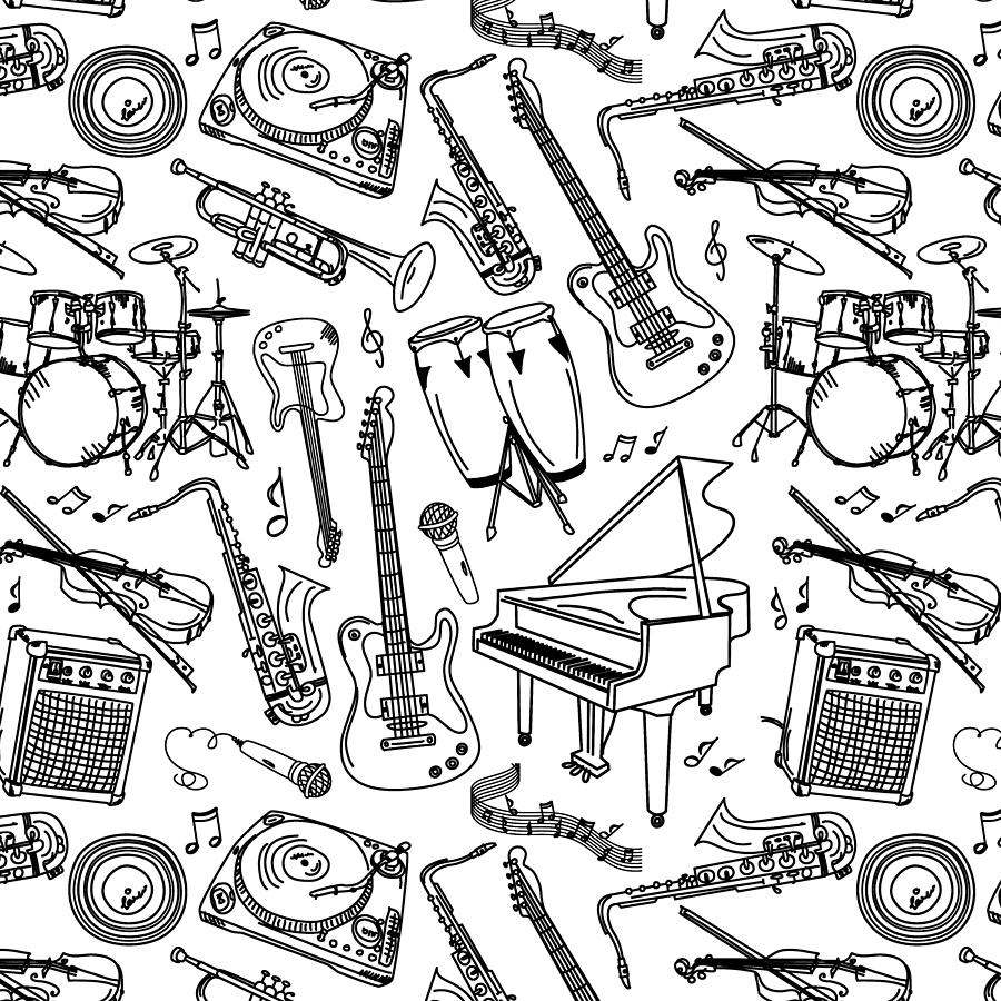 Black Sketches Of Musical Instruments On White Background
