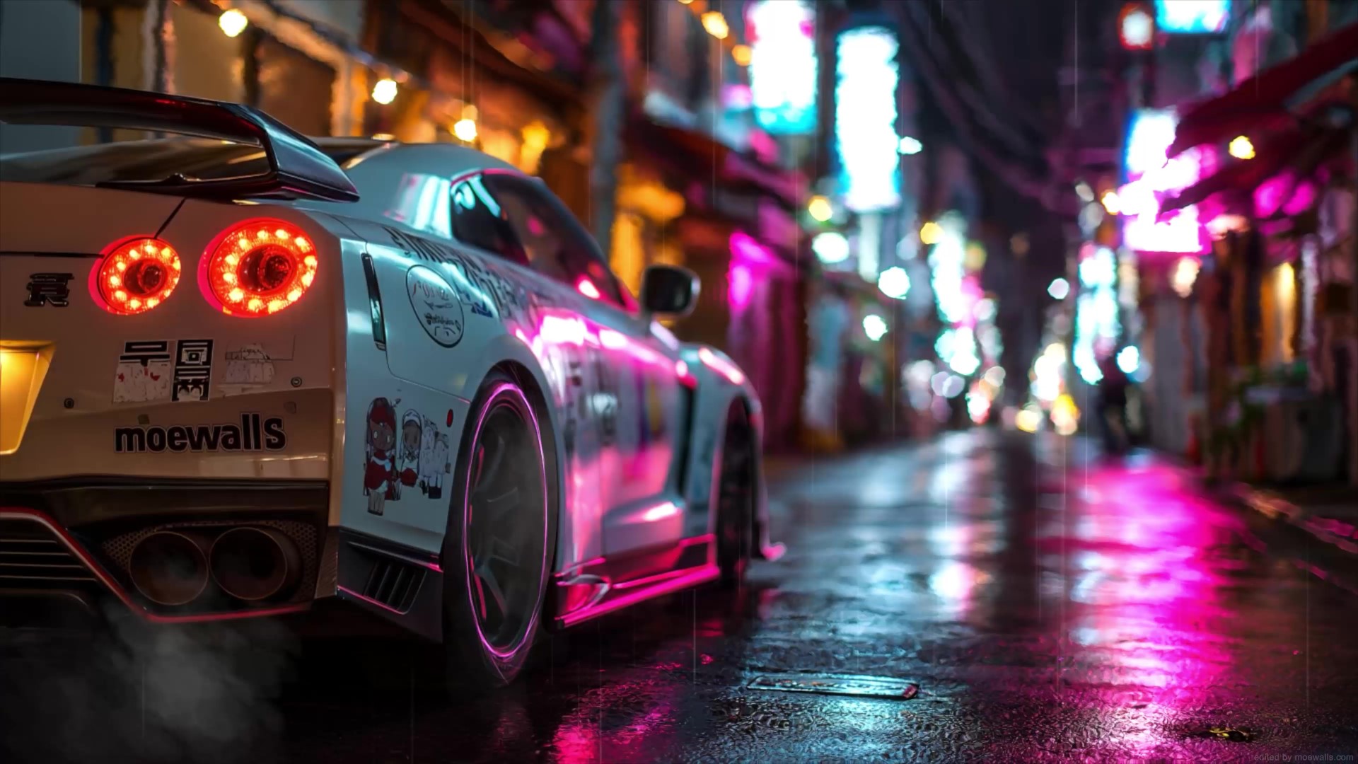 A white sports car with anime decals parked on a neon-lit street at night, reflecting in the wet asphalt