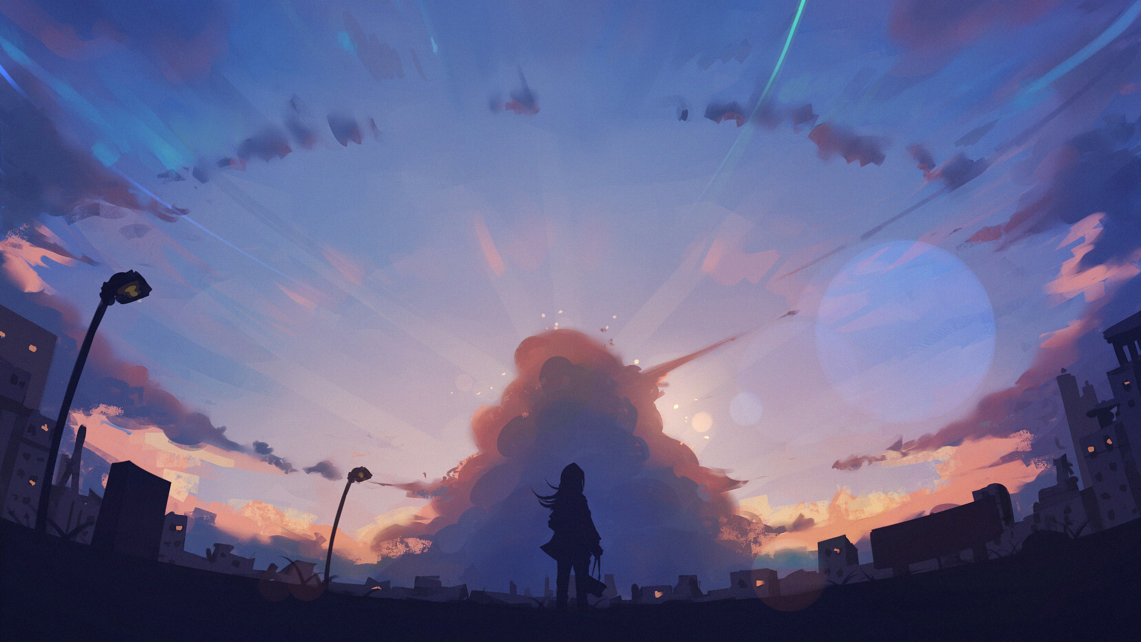 A silhouette of an anime girl stands amidst a desolate cityscape under a dramatic, vibrant sunset sky. Clouds form a captivating, almost otherworldly centerpiece