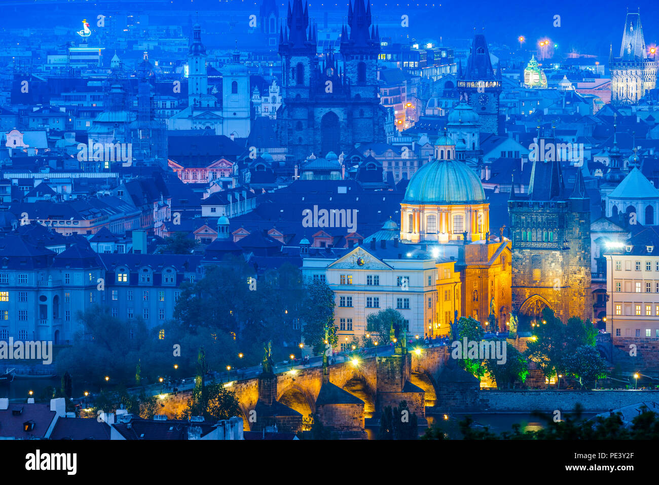 Prague Cityscape Aerial City At Night Of Buildings In The