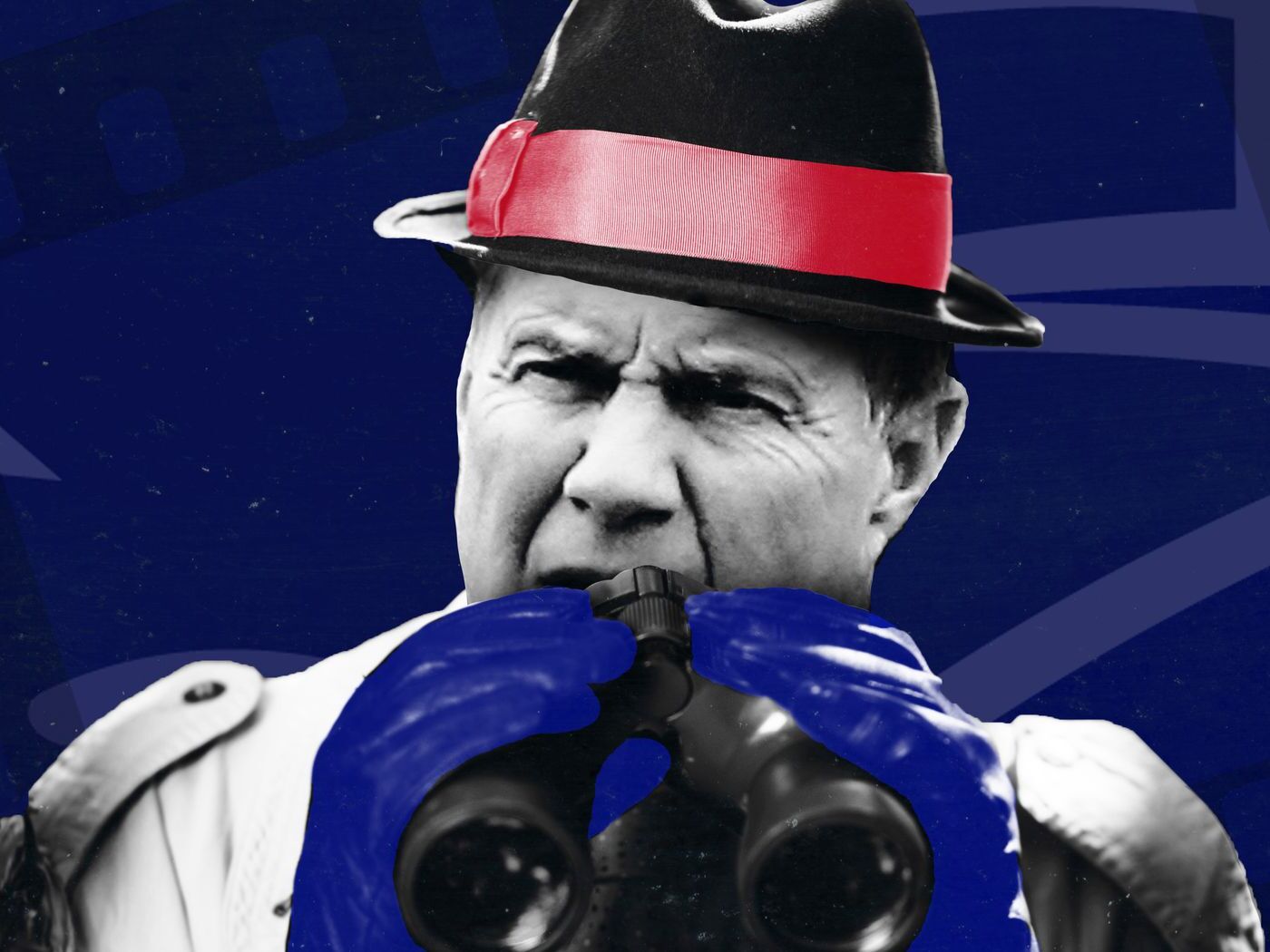 A black and white photo of a man wearing a fedora with a red band looking through binoculars, edited onto a blue background with a film reel motif. The color of the man's gloves is changed to blue. The background relates to Ross Ulbricht's creation of the Silk Road dark web marketplace