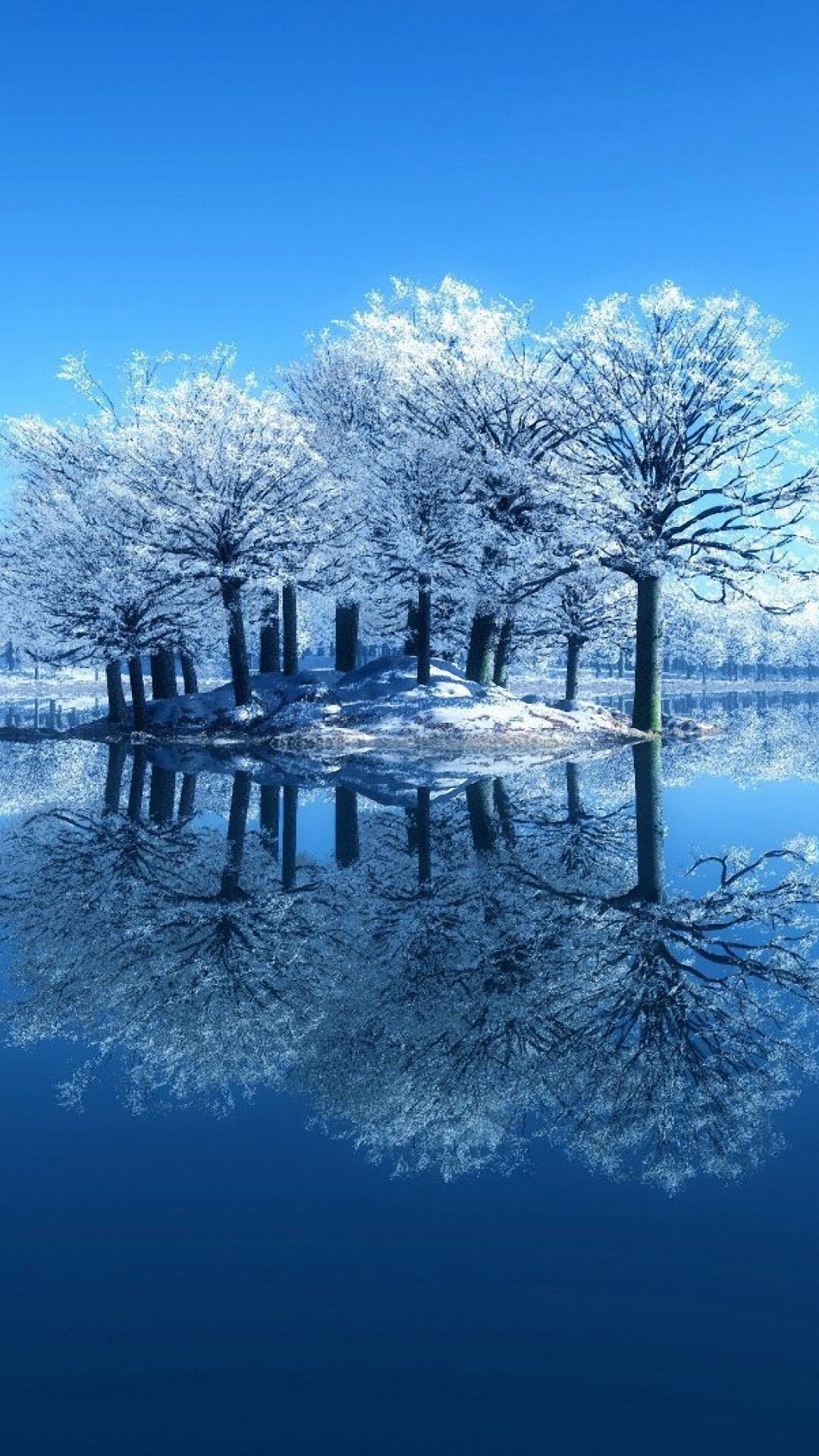 Serene Winter Landscape Phone Wallpaper: Snow-covered trees reflected in calm blue water