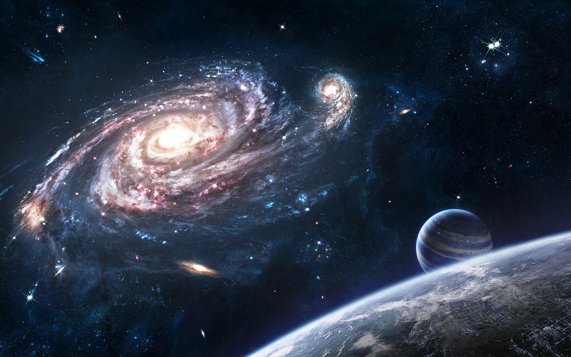 A breathtaking view of a spiral galaxy, possibly the Milky Way, with a smaller companion galaxy and a planet with an atmosphere rising over the horizon of another celestial body