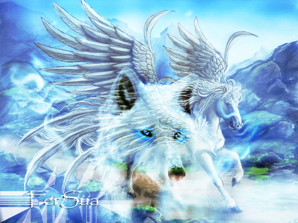 Pegasus And Unicorn Within The Blue World Fantasy Fox