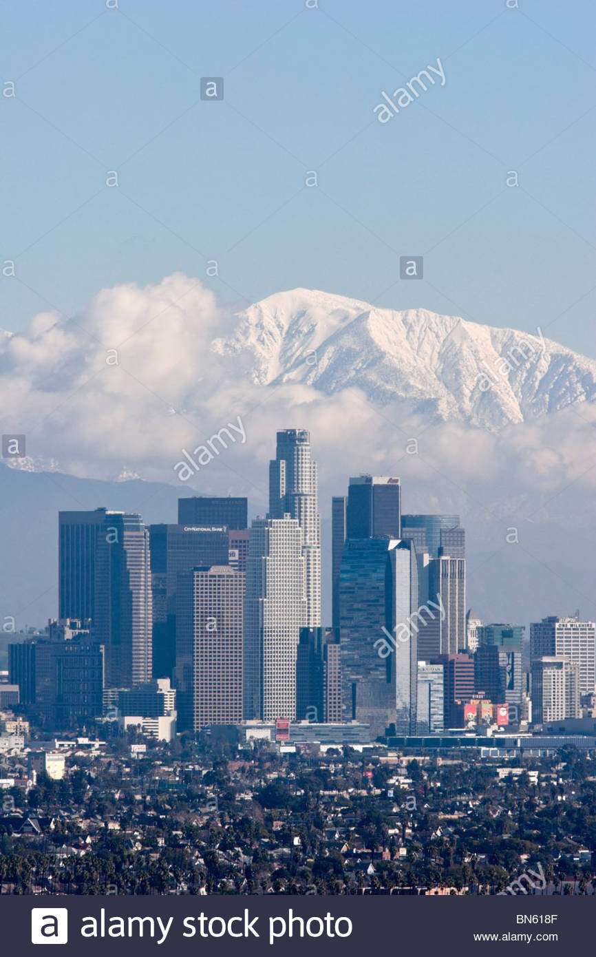 Los Angeles Skyline with Snowy Mount Baldy in Background