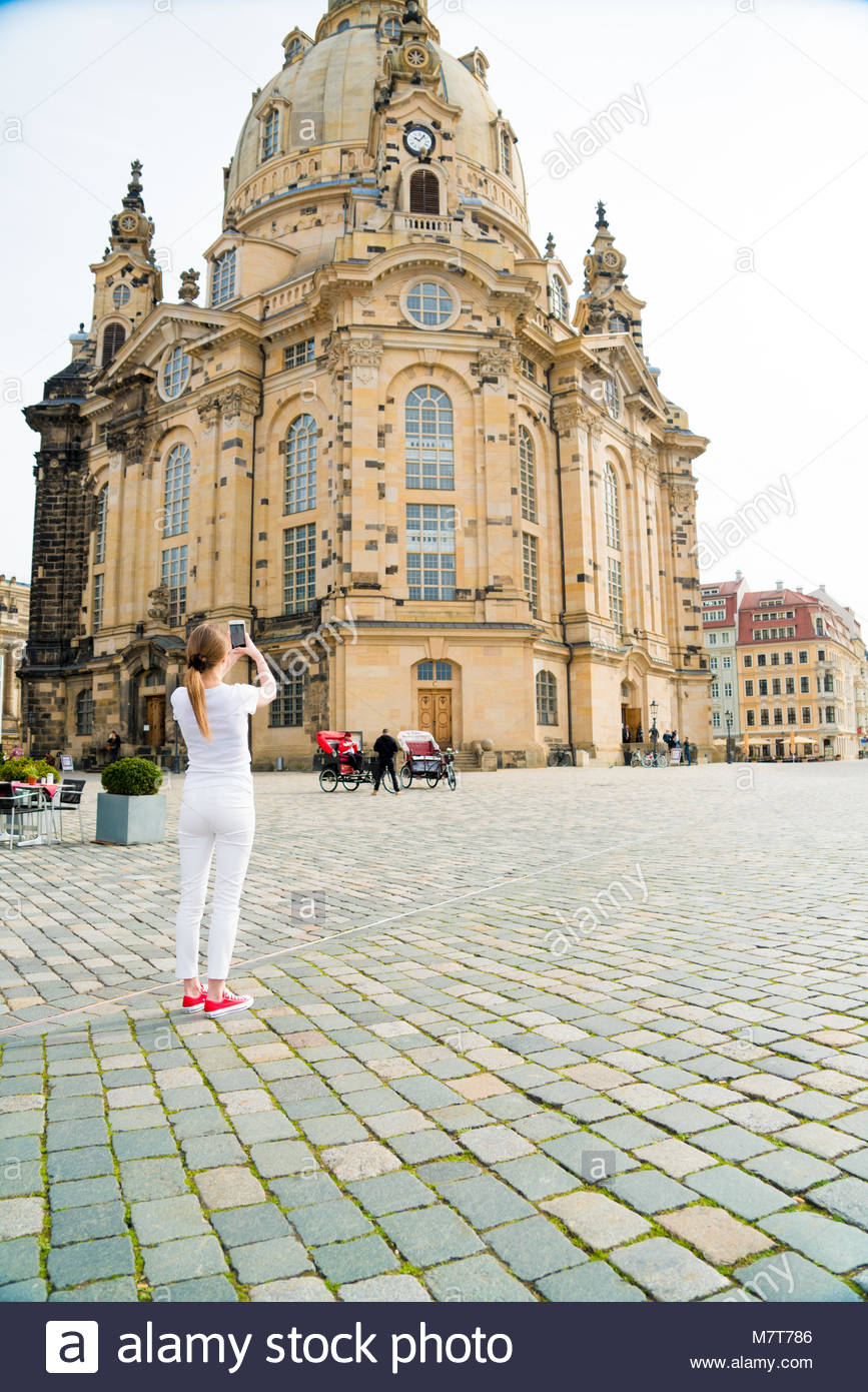 Girl Makes Photos Shots Of European City Dresden And Selfie