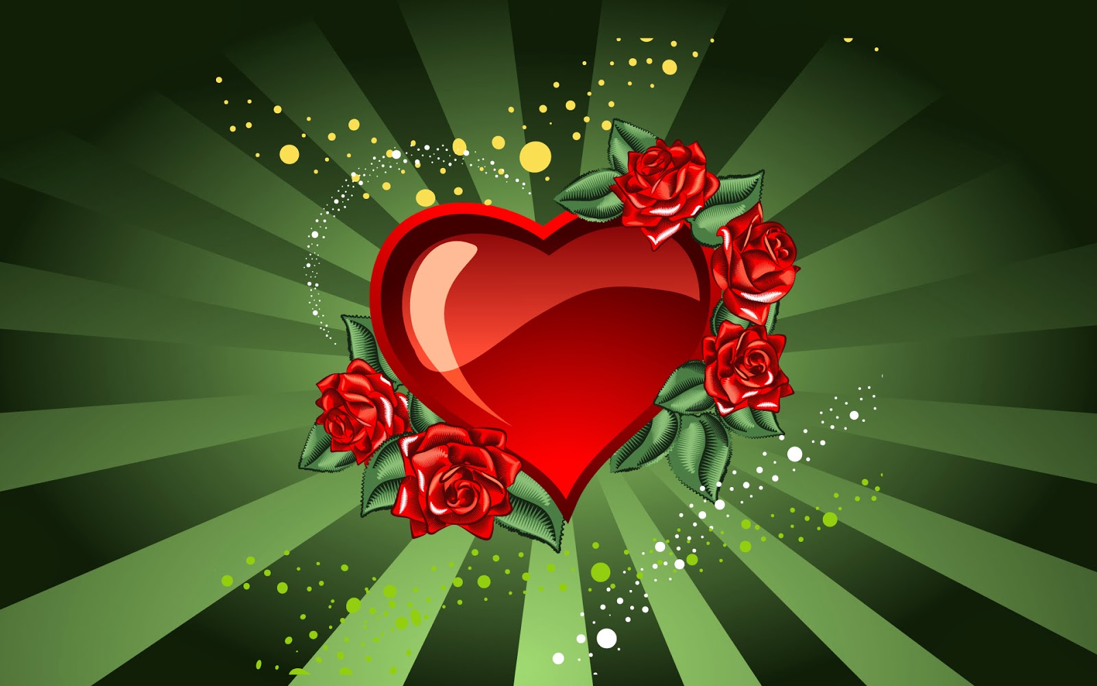 A vibrant Valentine's Day wallpaper featuring a glossy red heart adorned with four red roses, set against a dynamic green backdrop with radiating lines and sparkling accents