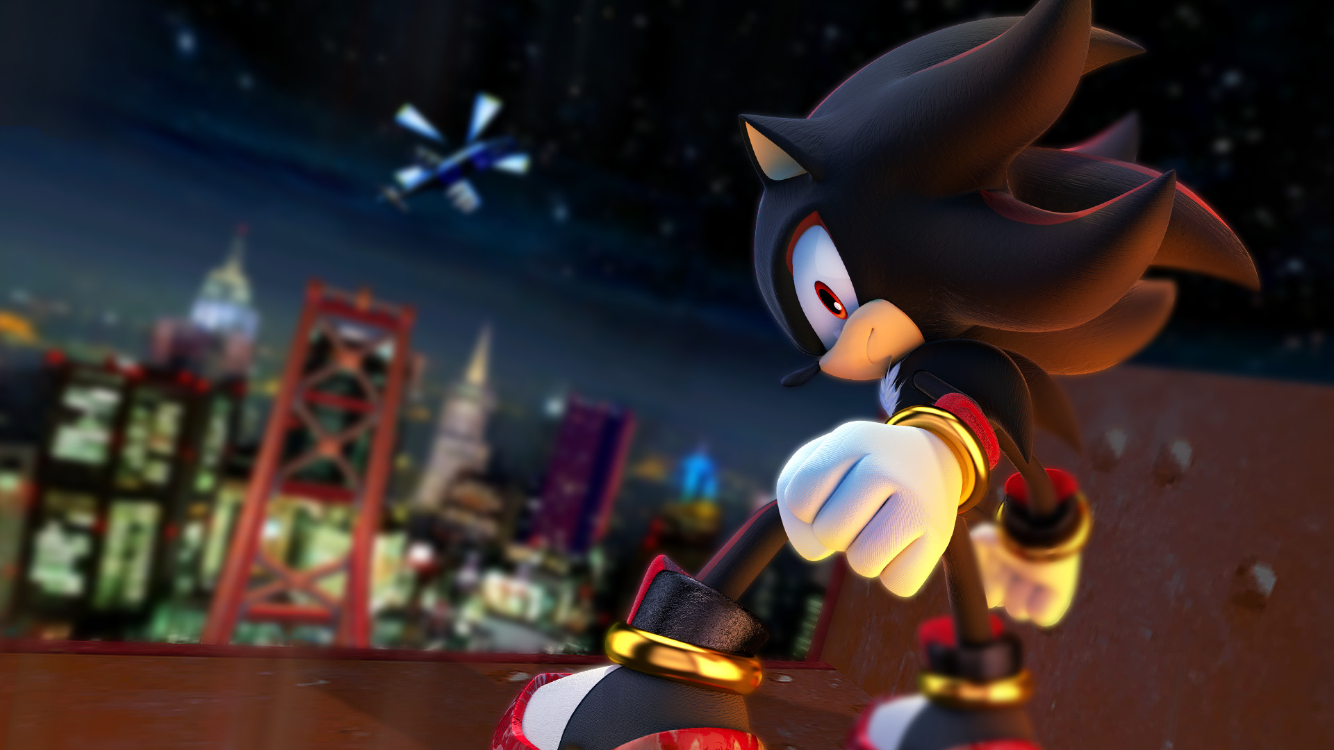 Shadow the Hedgehog overlooking a city at night, from Sonic the Hedgehog series