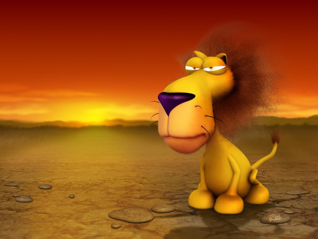 A humorous 3D cartoon lion sits in a desert landscape against an orange sunset, looking bored or unimpressed