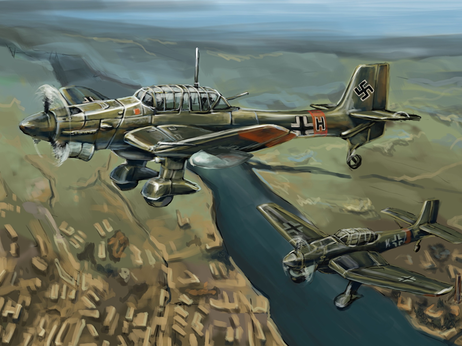 Wallpaper Airplane German Junkers Ju Stuka Painting Art