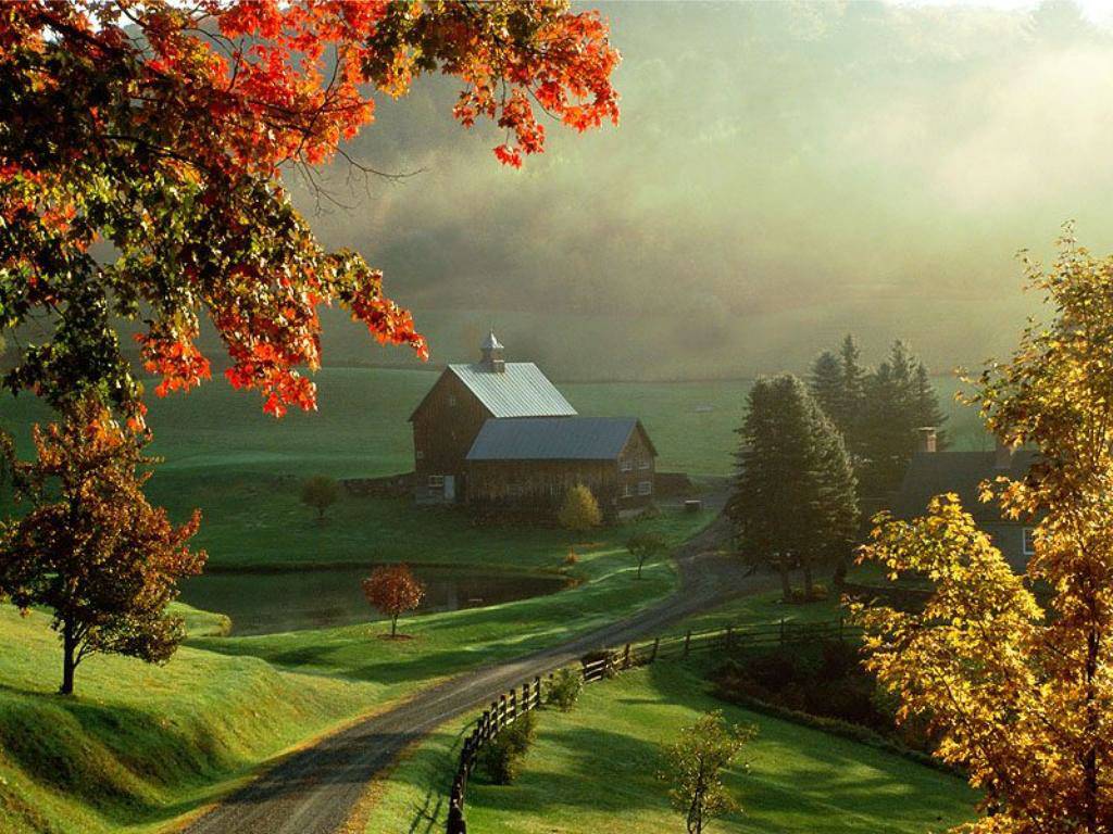 Or X Colorful Autumn Country Cabin Wallpaper