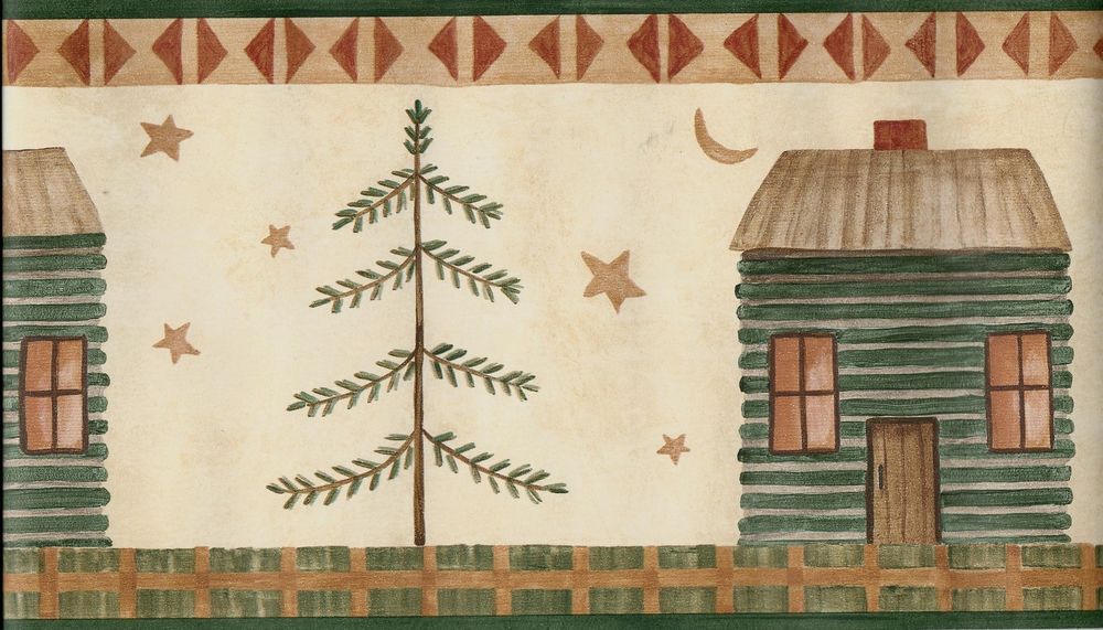  Primitive Look Cabin Tree Stars and Moon Green Wallpaper Border eBay 1000x571