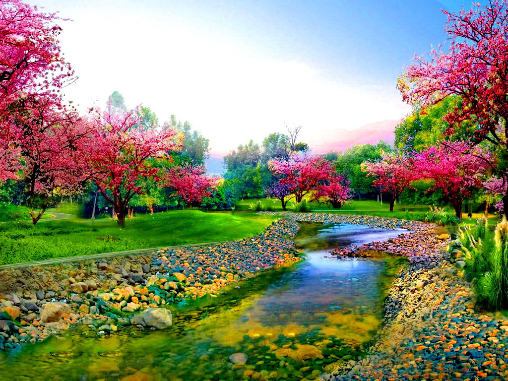 Spring Trees Along The River Wallpaper