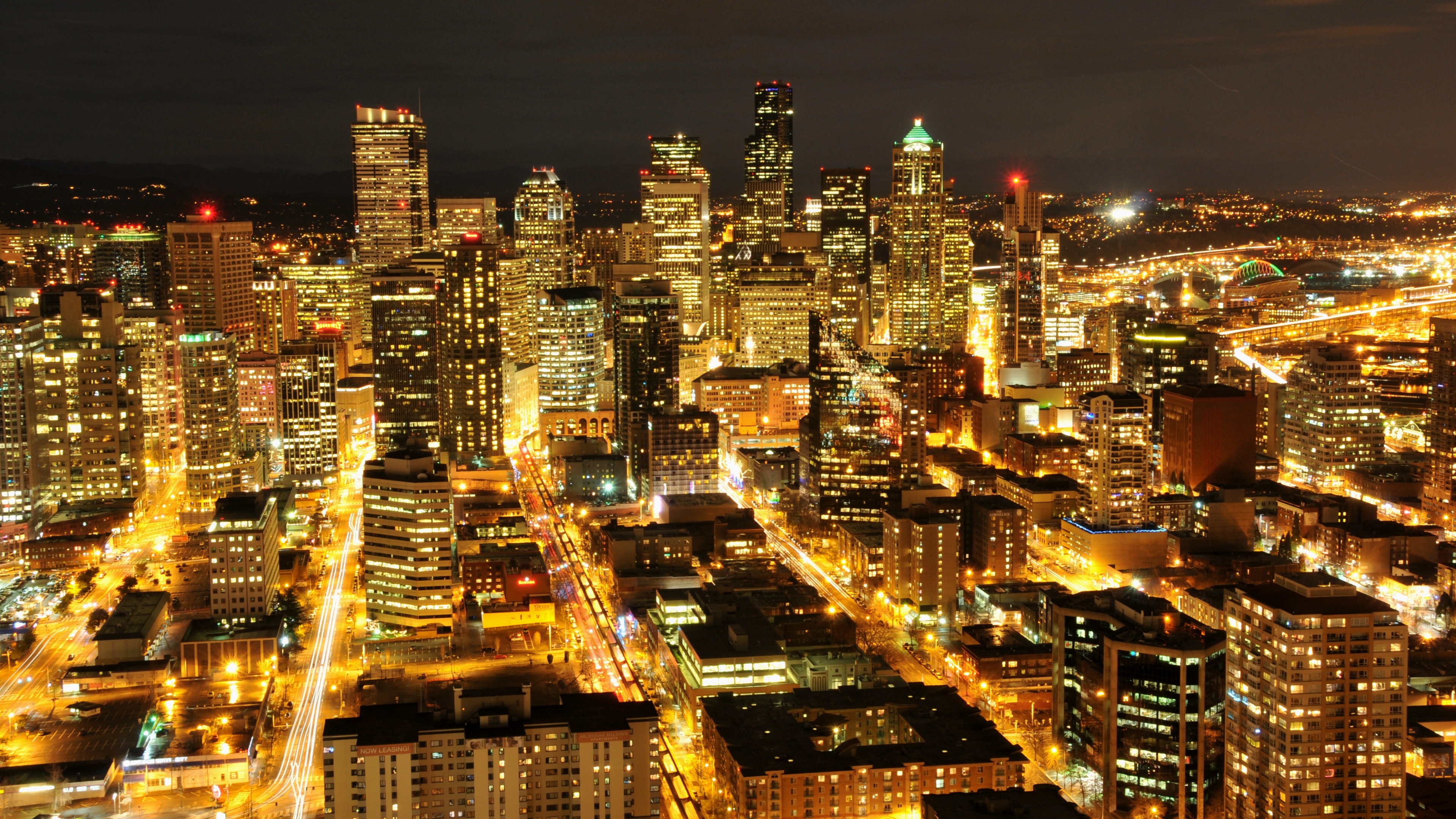 Usa Washington Seattle Night City Skyscrapers Buildings Lights 4k Wallpaper