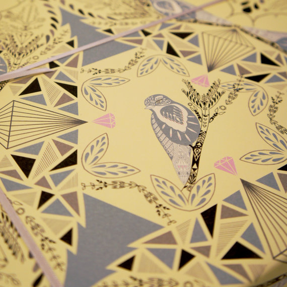 Lemon And Grey Birds Wrapping Paper By Prismofstarlings On
