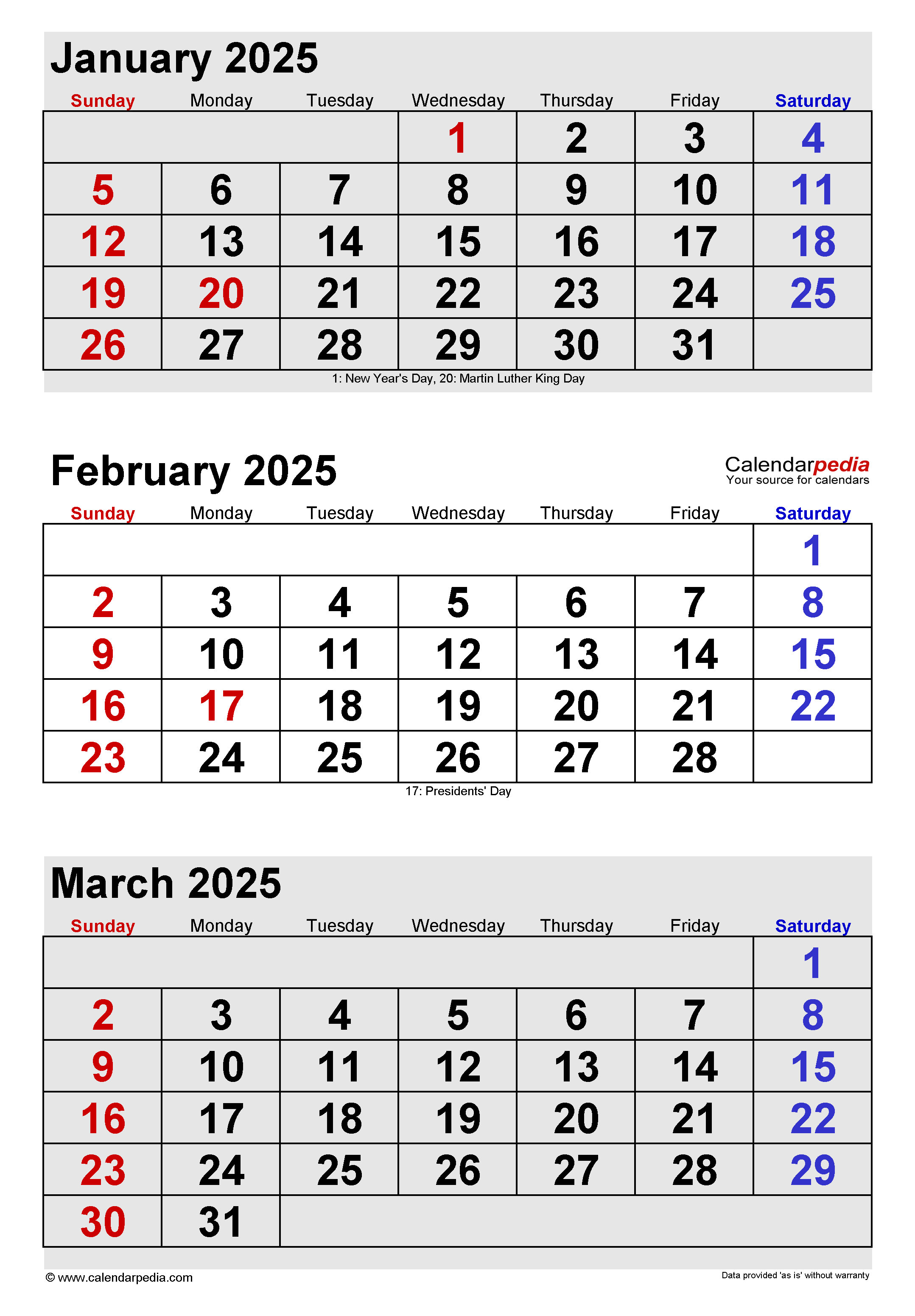 February 2025 calendar, showing holidays, weekdays, and weekends