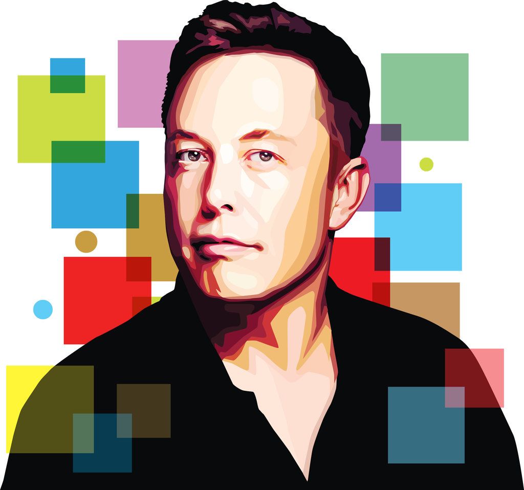 Stylized portrait of Elon Musk with colorful geometric shapes in the background