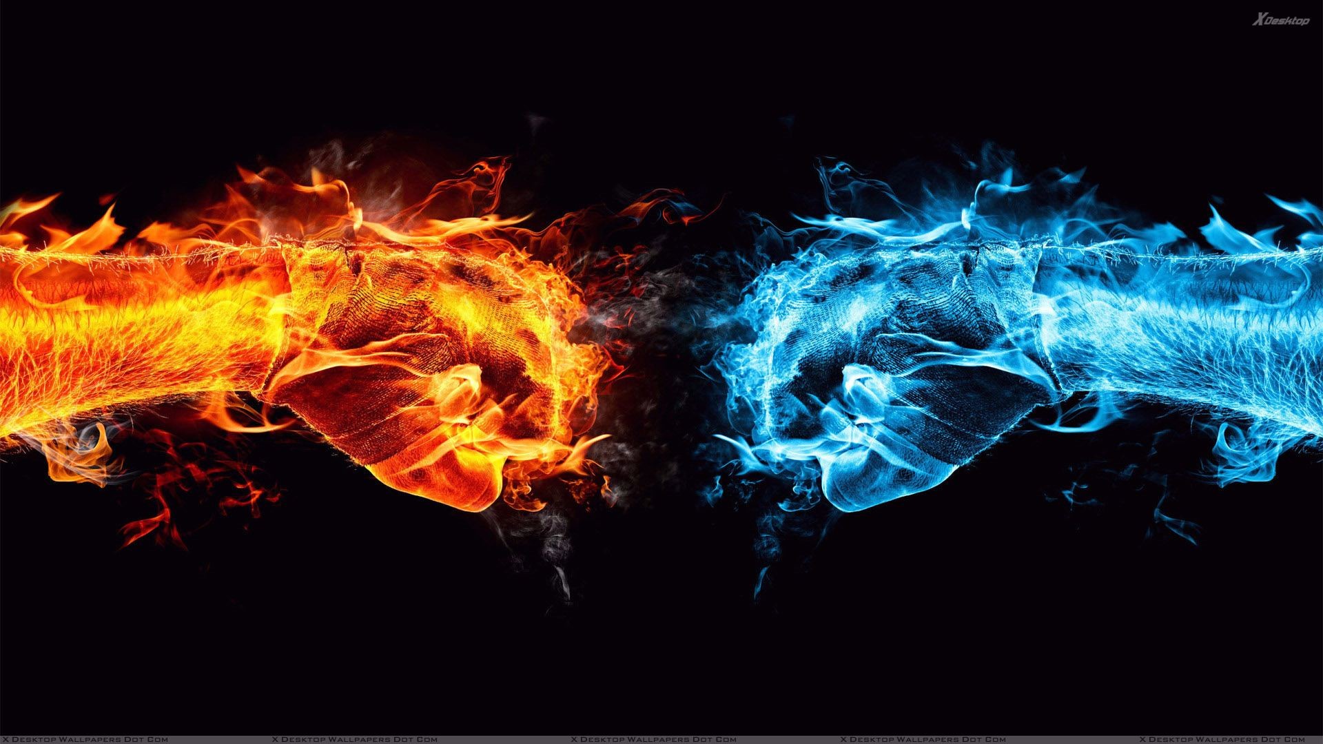 Fire and Ice Fists Clash: A Cool PC Wallpaper