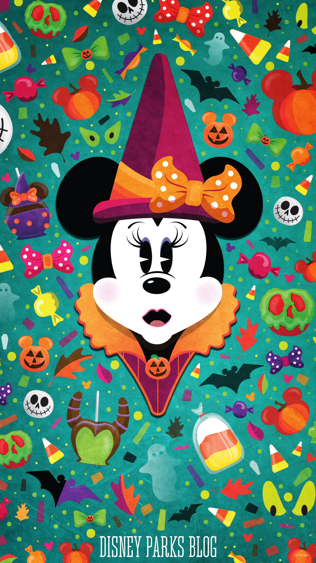 Minnie Mouse dressed as a witch for Halloween, surrounded by candy corn, ghosts, and pumpkins against a teal background. Text at bottom reads 'Disney Parks Blog'