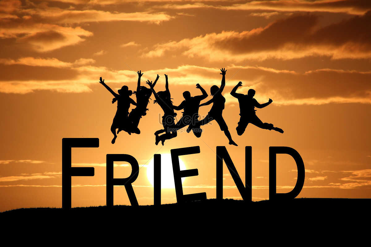 Silhouettes of friends jumping joyfully against a vibrant sunset backdrop, symbolizing the spirit of friendship