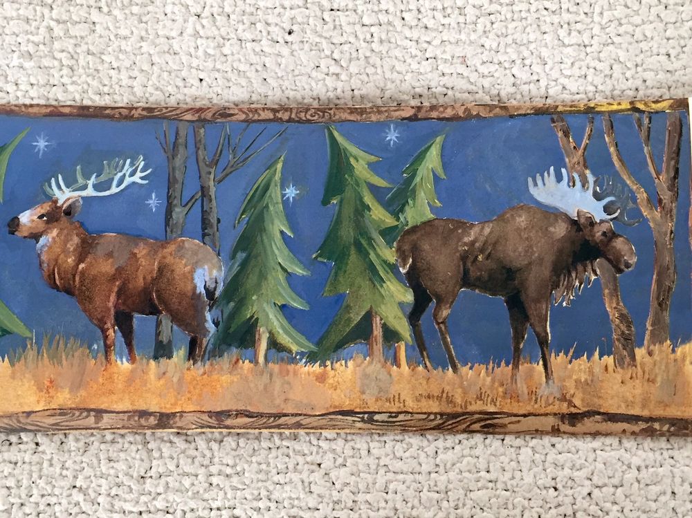 Rustic Moonlight Lodge Wallpaper Border With Bear Elk And Moose