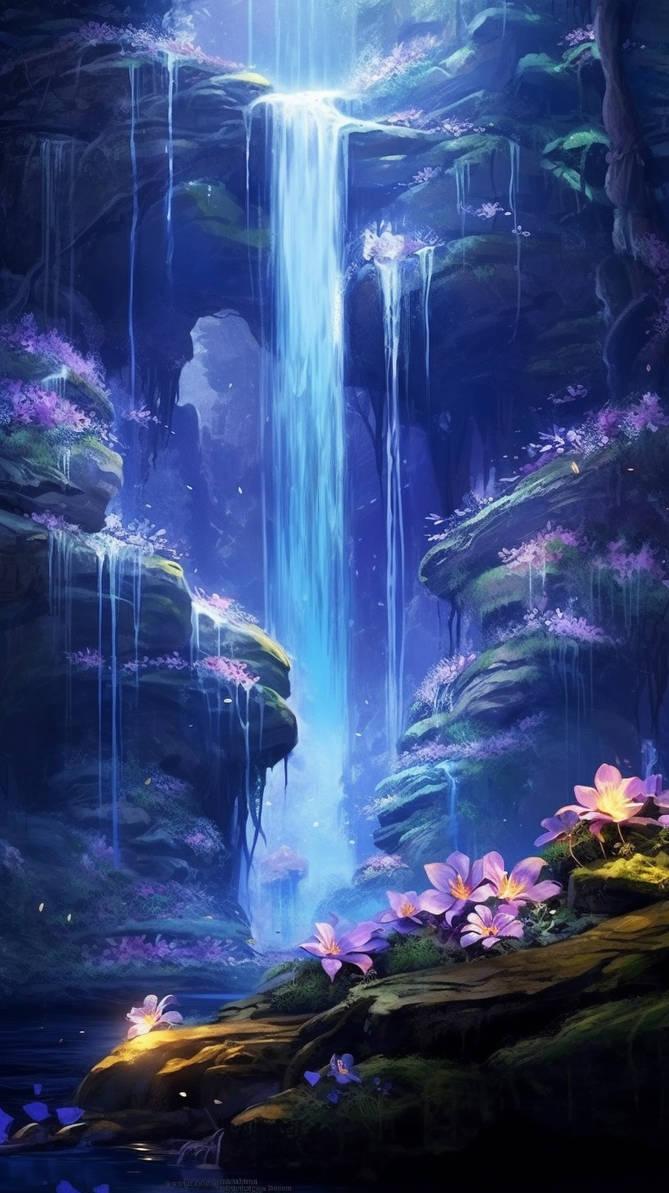 Waterfall Wallpaper Blue Flowers By Aiartshop