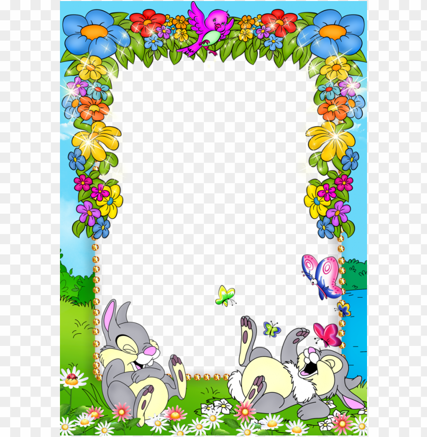 Cute Blue Kidsframe With Flowers And Bunnies Background Best Stock