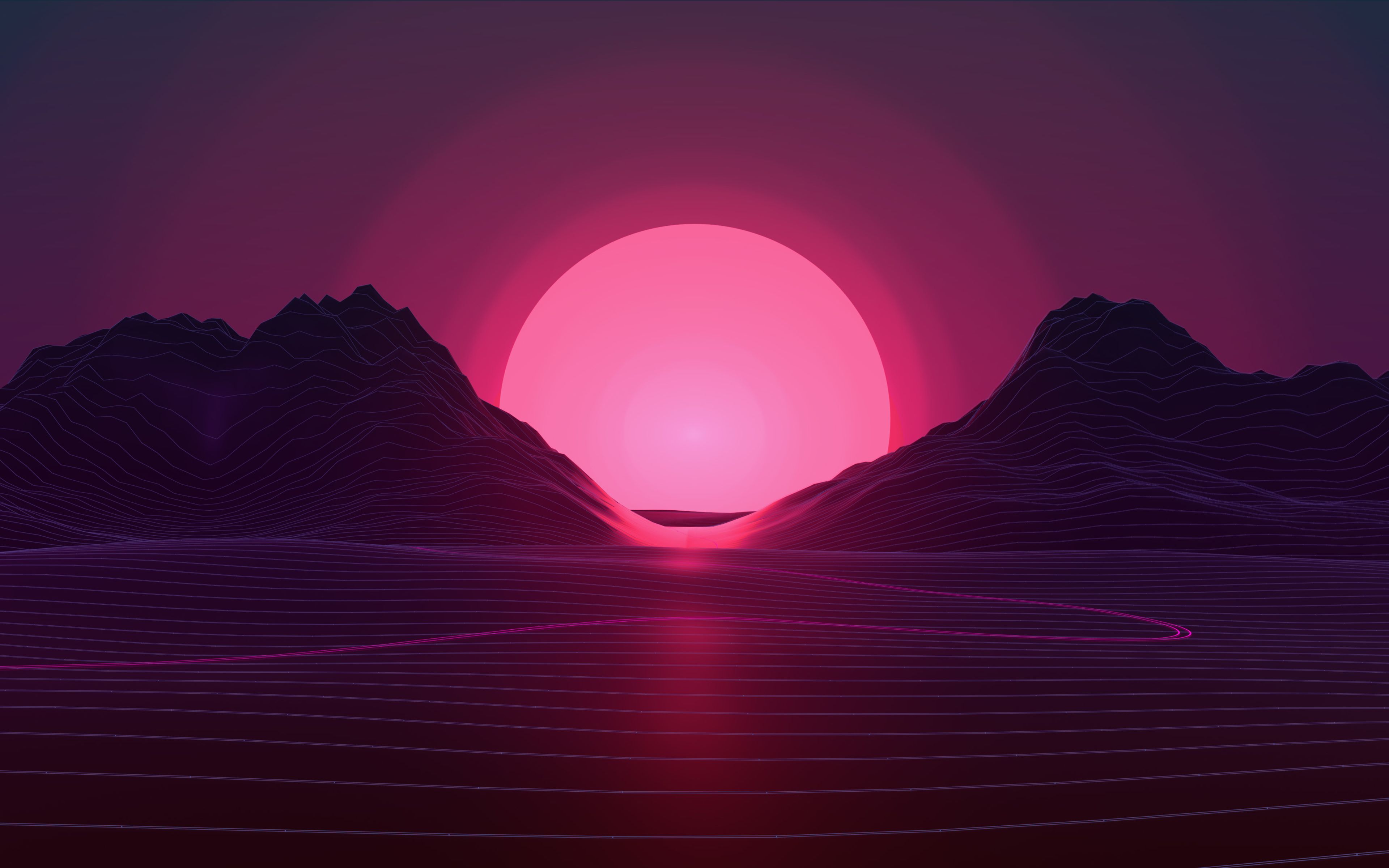 Sunset 4k Pink Sun Abstract Landscape Neon Lights Art