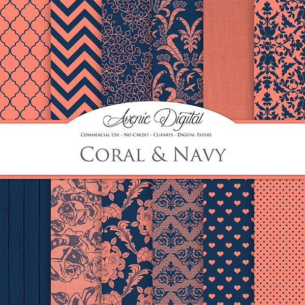 Coral Navy Wedding Digital Paper Mygraficocom