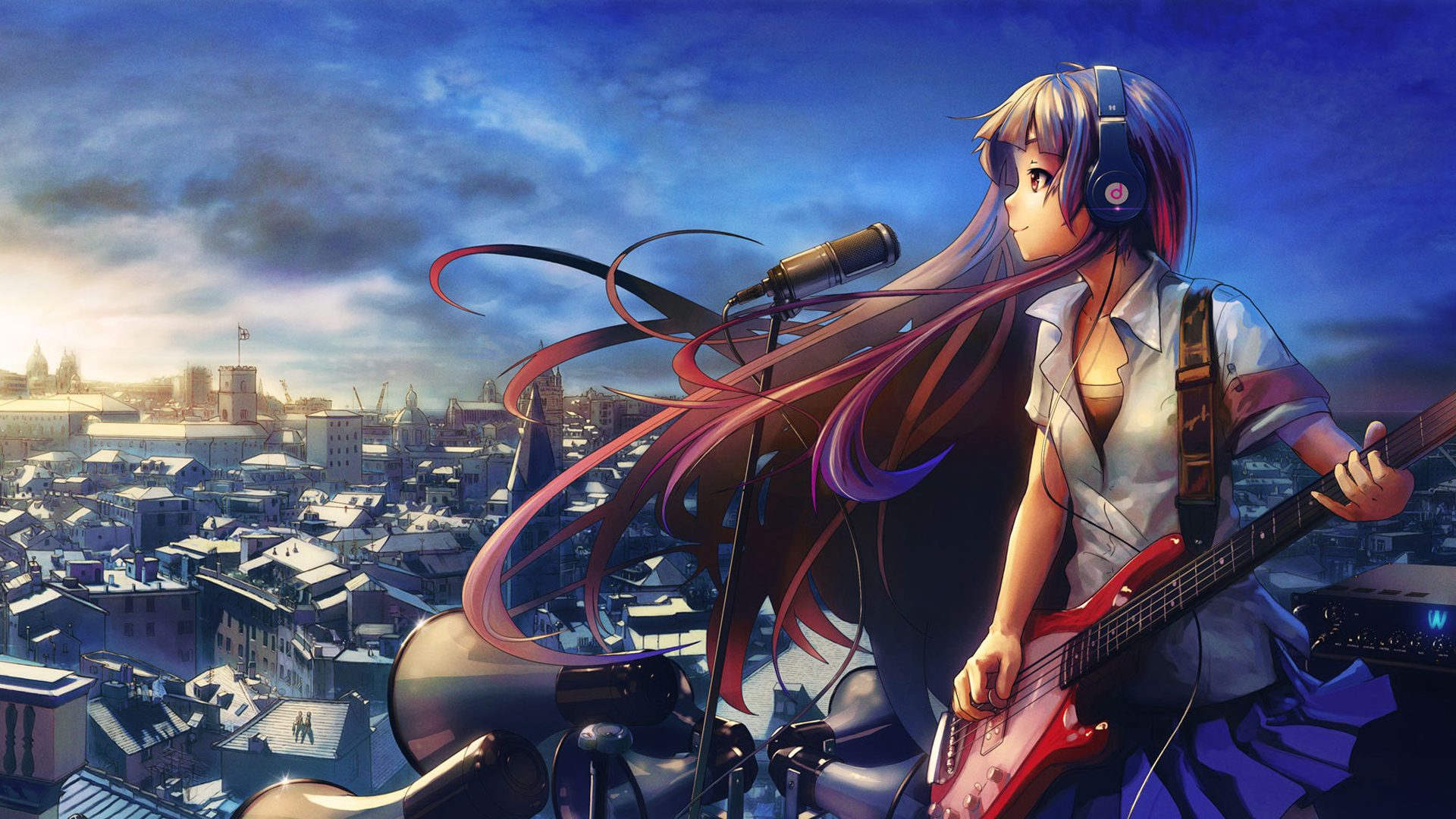 Anime Girl With Guitar Full HD Wallpaper 1080p