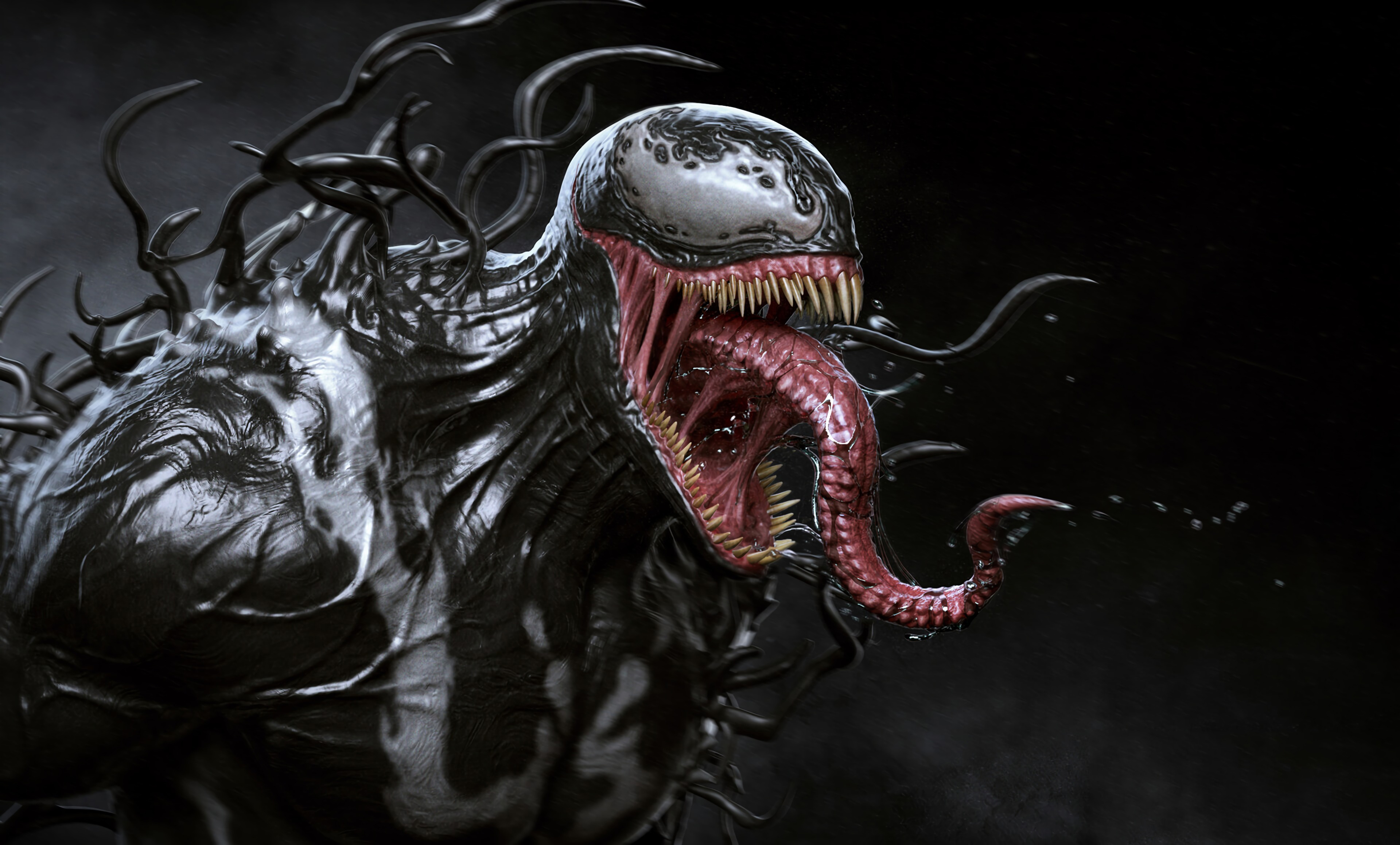 A menacing close-up of Venom, the iconic Marvel symbiote, with its sharp teeth, long tongue, and dark, sinewy form