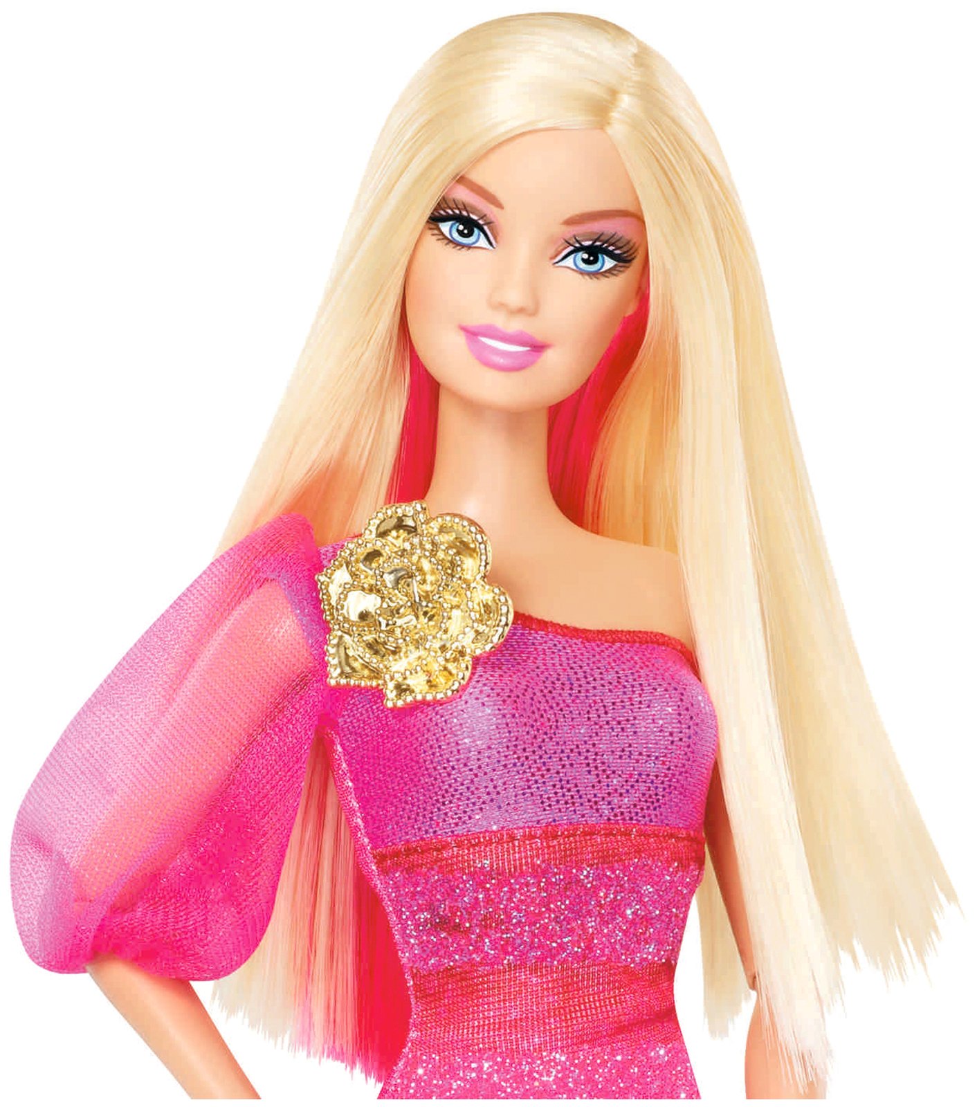 A close-up of a Barbie doll with blonde hair streaked with pink, wearing a sparkly pink dress and a gold flower accessory