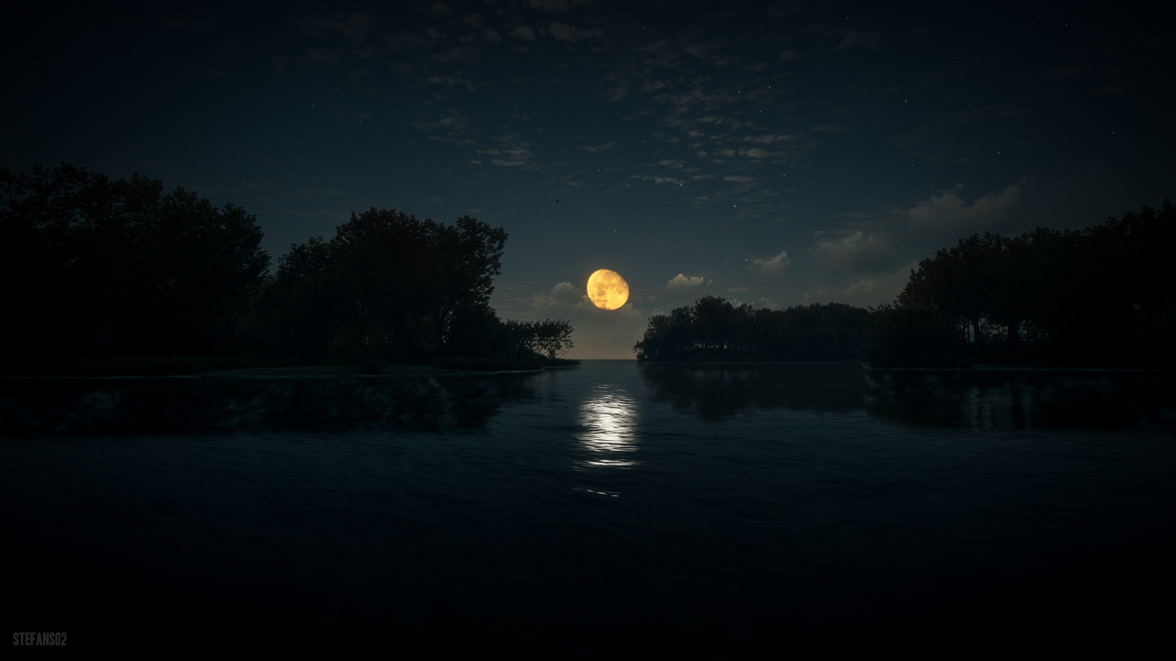 A serene 4k wallpaper featuring a full moon illuminating a tranquil body of water at night, with dark silhouettes of trees lining the banks