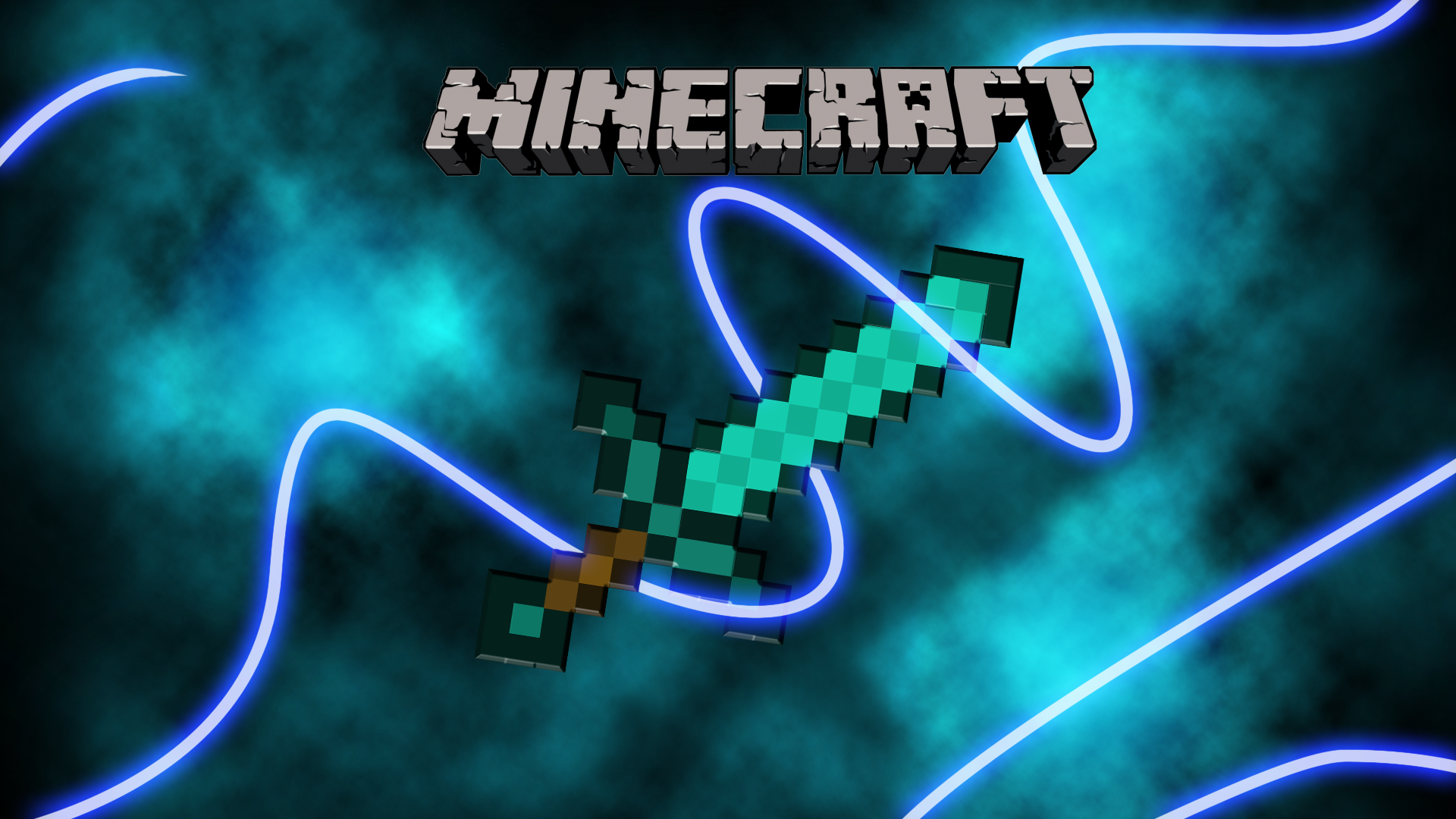 A pixelated diamond sword from Minecraft, glowing against a teal and black nebula background. Light trails weave around the sword, enhancing its ethereal appearance
