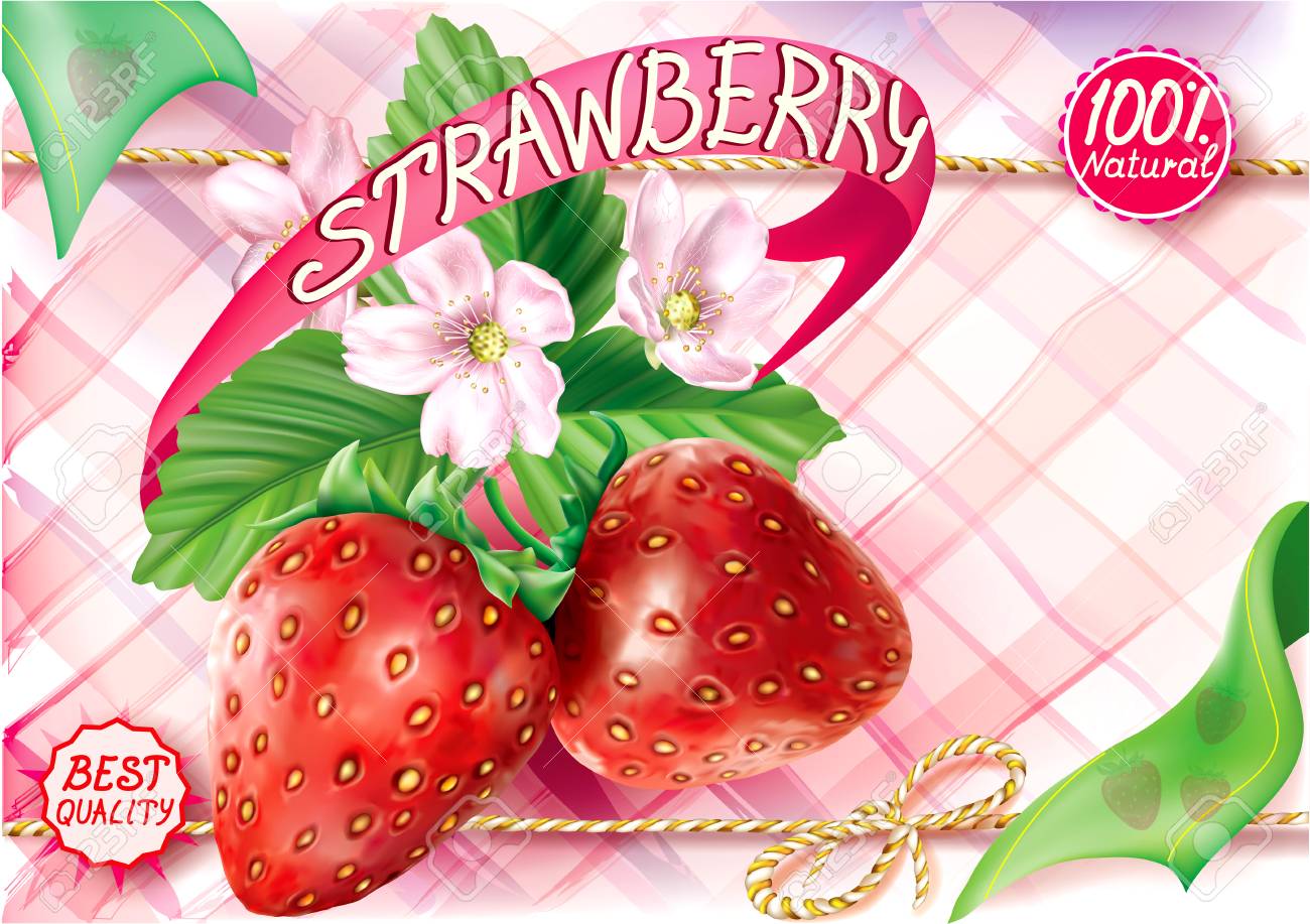 Strawberry Fruits With Leaves And Flower On A Pink Motley