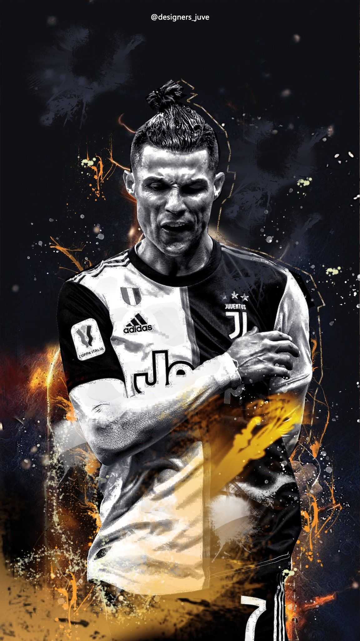 Cristiano Ronaldo in a Juventus jersey with a determined expression