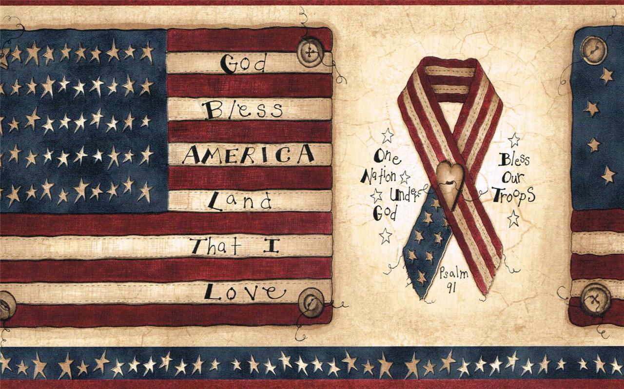  Wallpaper Border Patriotic Americana Flags Ribbons Stars Stripes Red