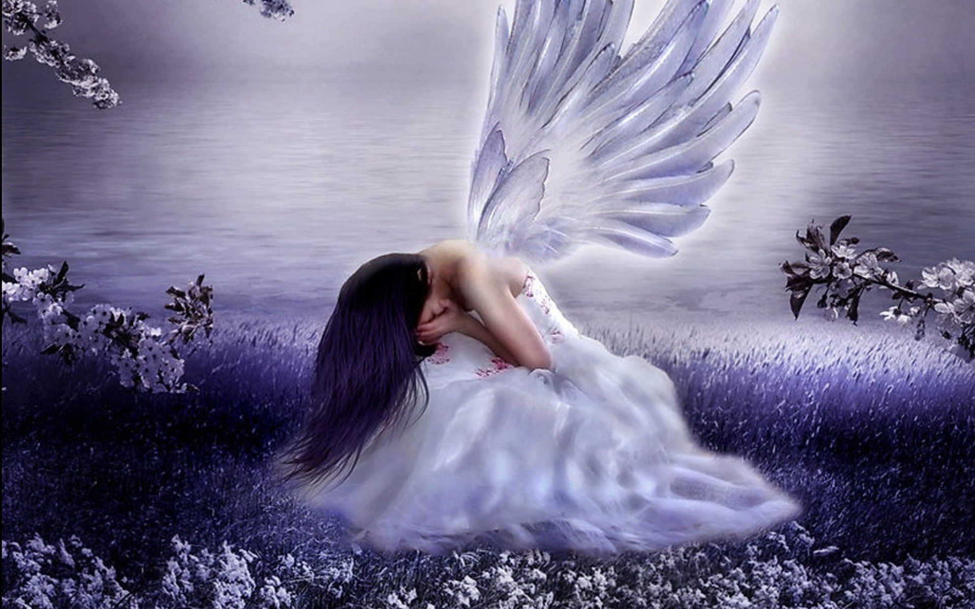 A melancholic angel with iridescent wings sits dejectedly amidst a snowy lavender field, her face hidden in her hands, embodying a sense of sorrow and solitude