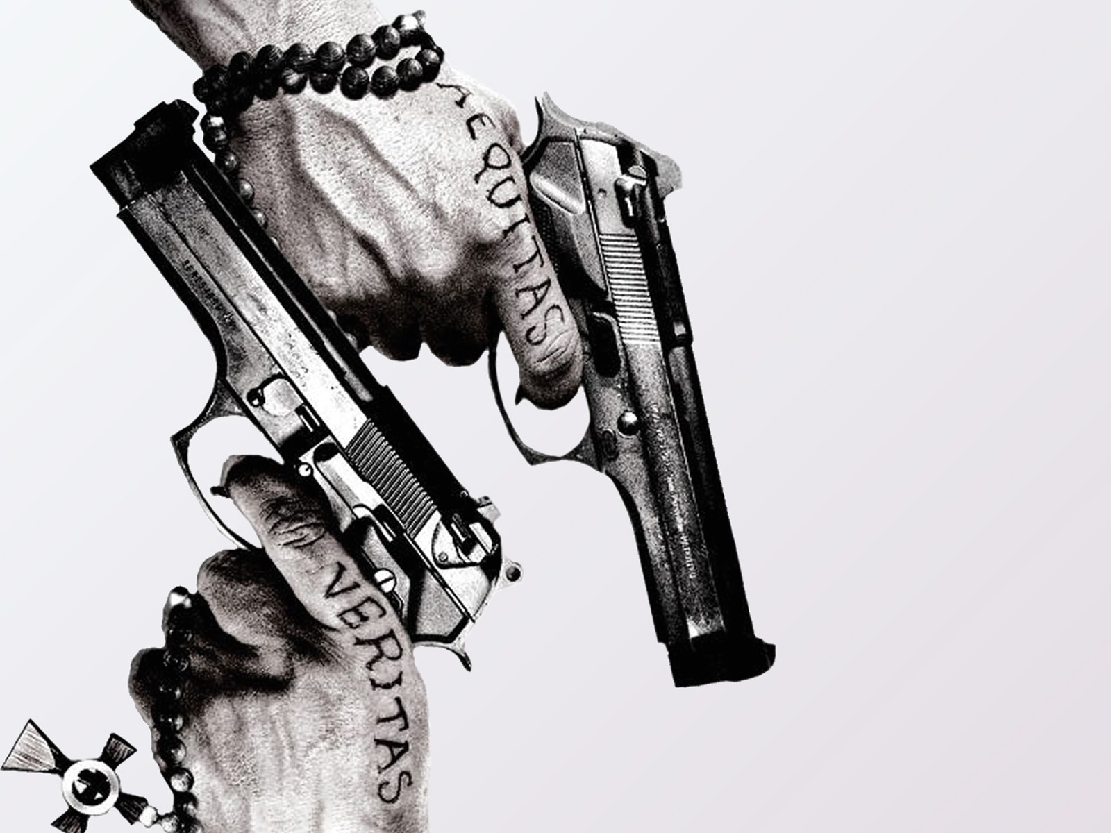 Two hands holding handguns. The word VERITAS is tattooed on one hand and AEQUITAS on the other. One hand also holds rosary beads