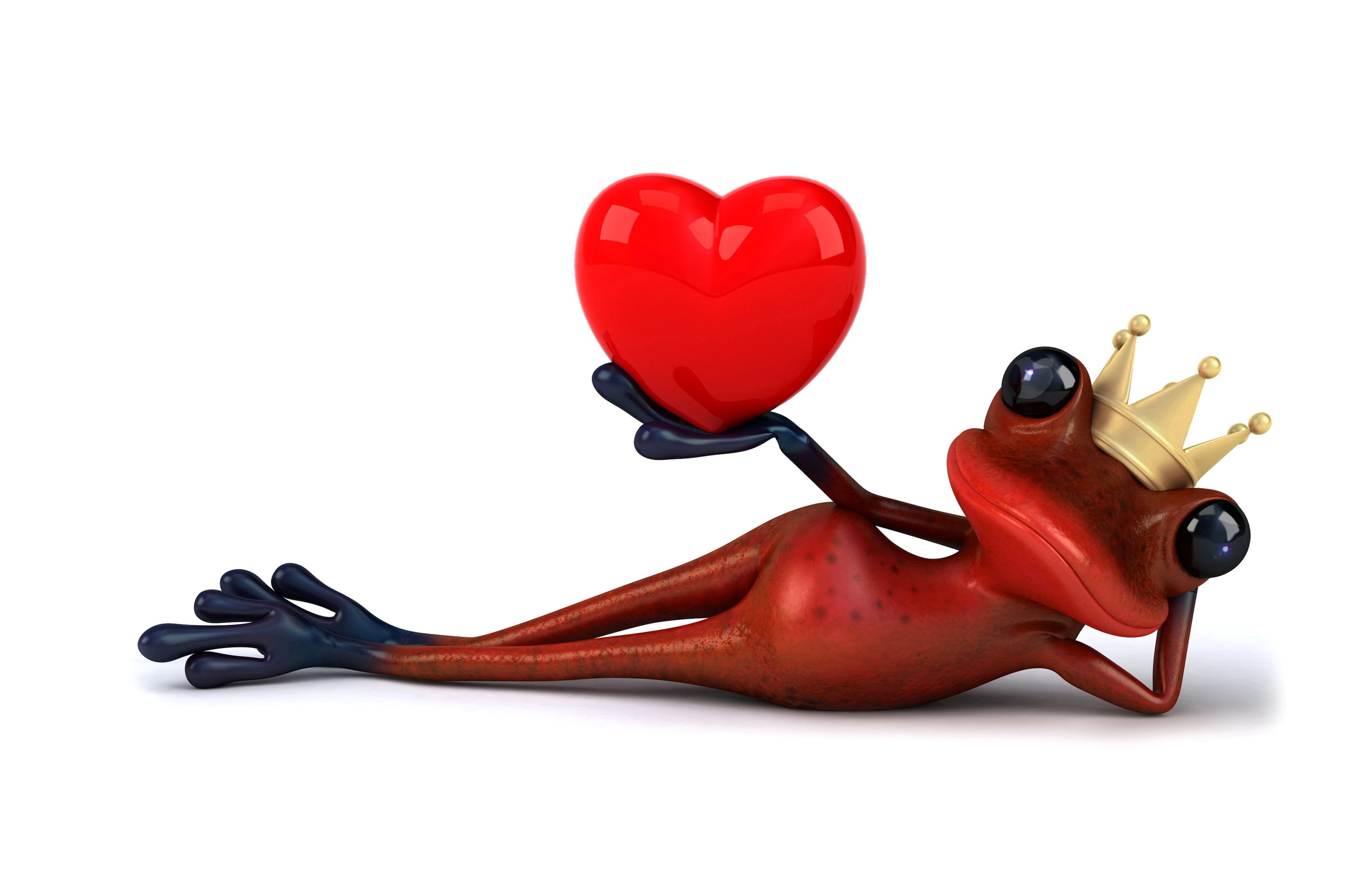 funny 3d prince frog wearing crown and hand holding a heart